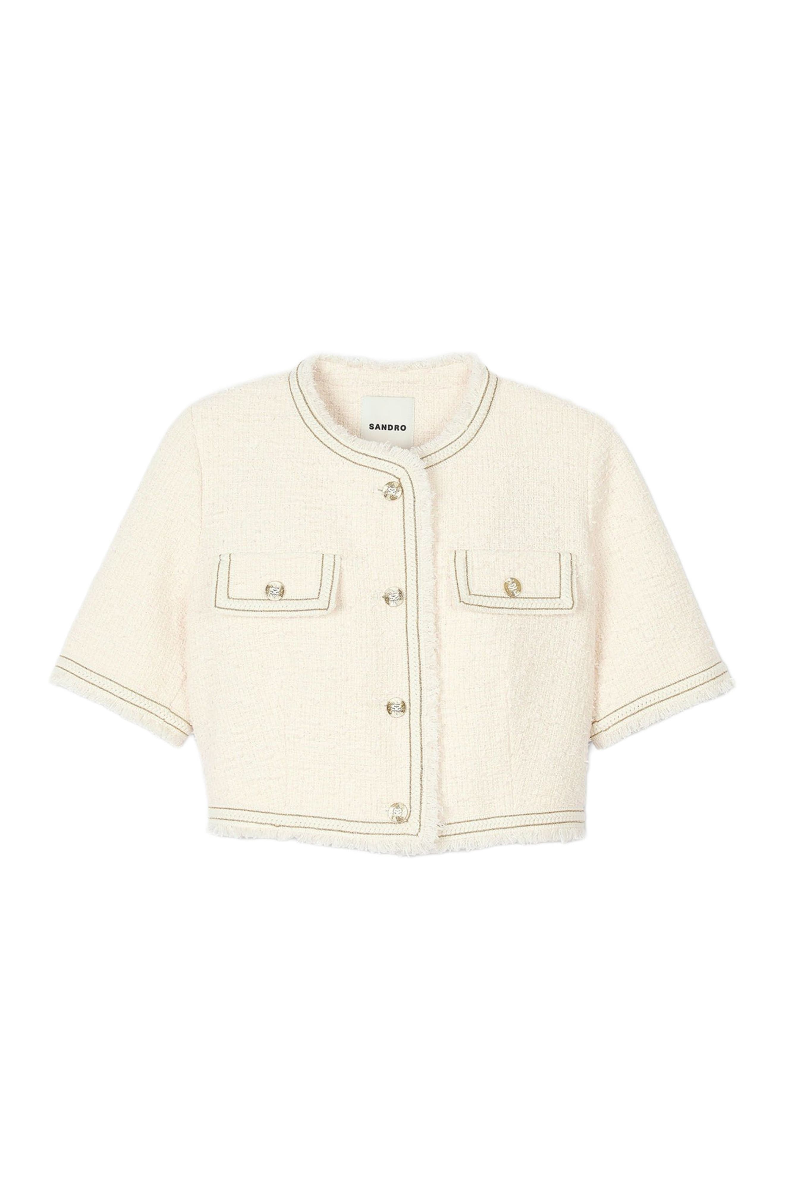 SANDRO Short-sleeved tweed jacket in Ecru /Pink at Nordstrom - 5