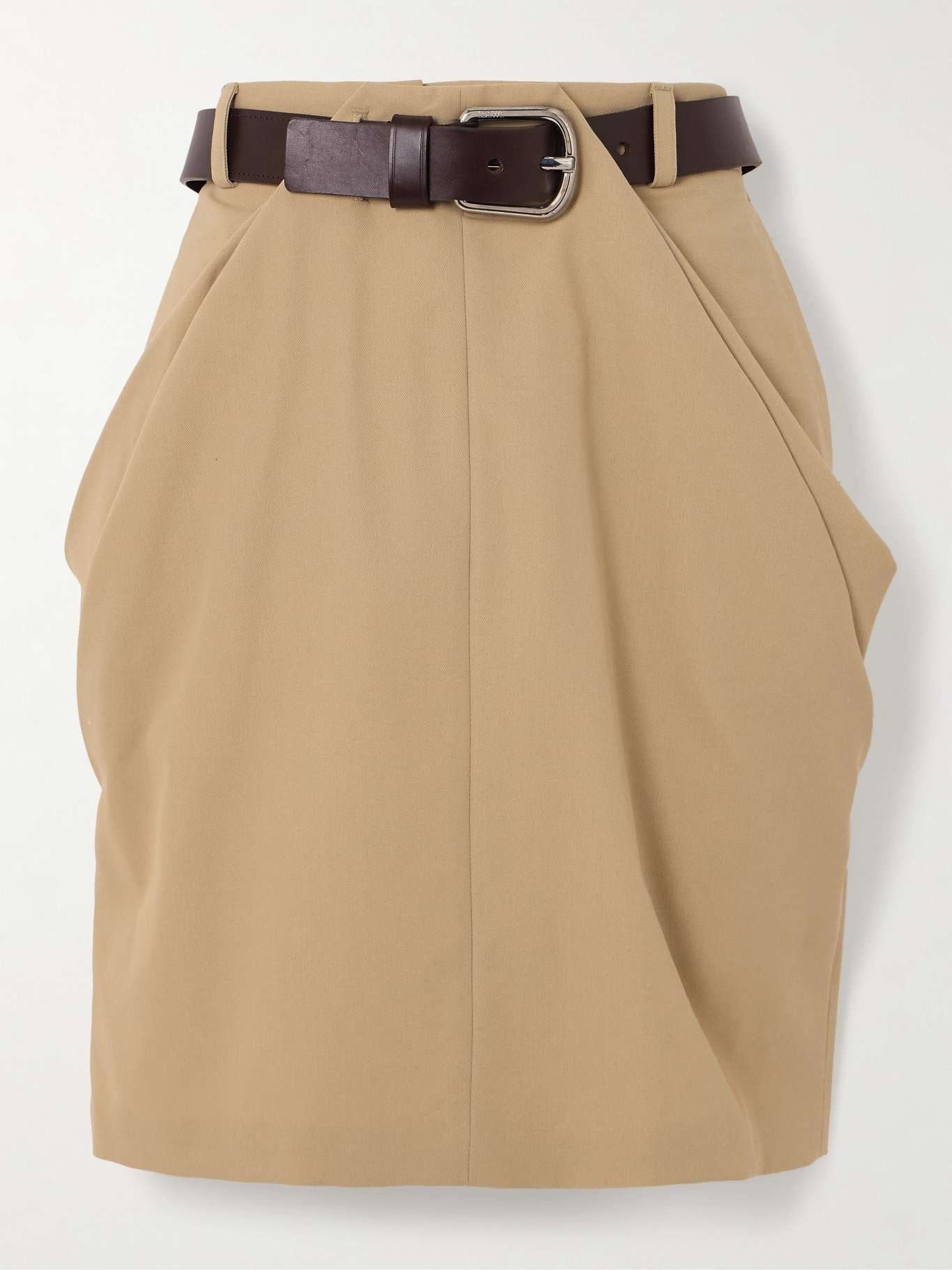 Belted draped leather-trimmed cotton-twill mini skirt - 1