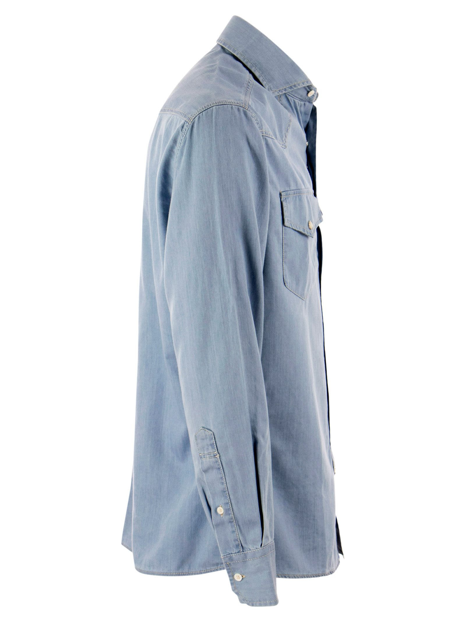 Brunello Cucinelli Men Lightweight Denim Leisure Fit Shirt With Press Studs, Epaulettes And Pockets - 3