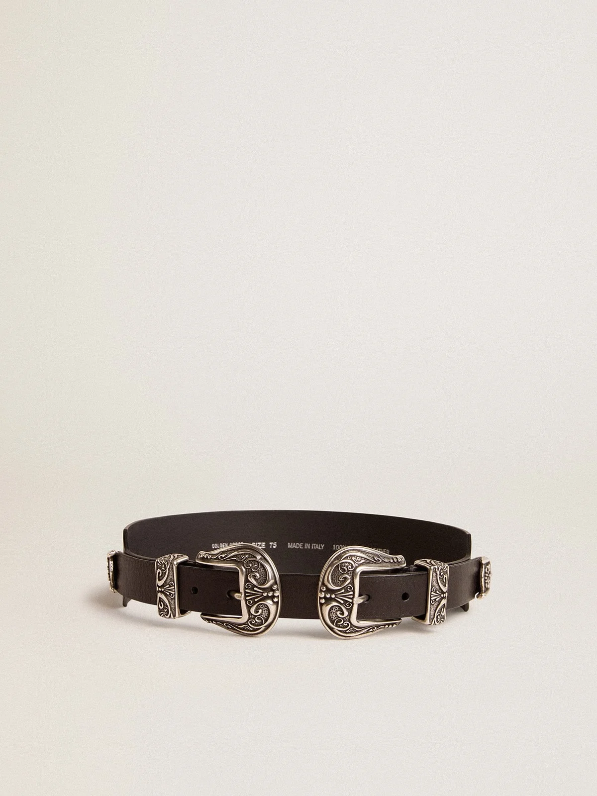 Black belt in washed leather with silver-colored double buckle - 1