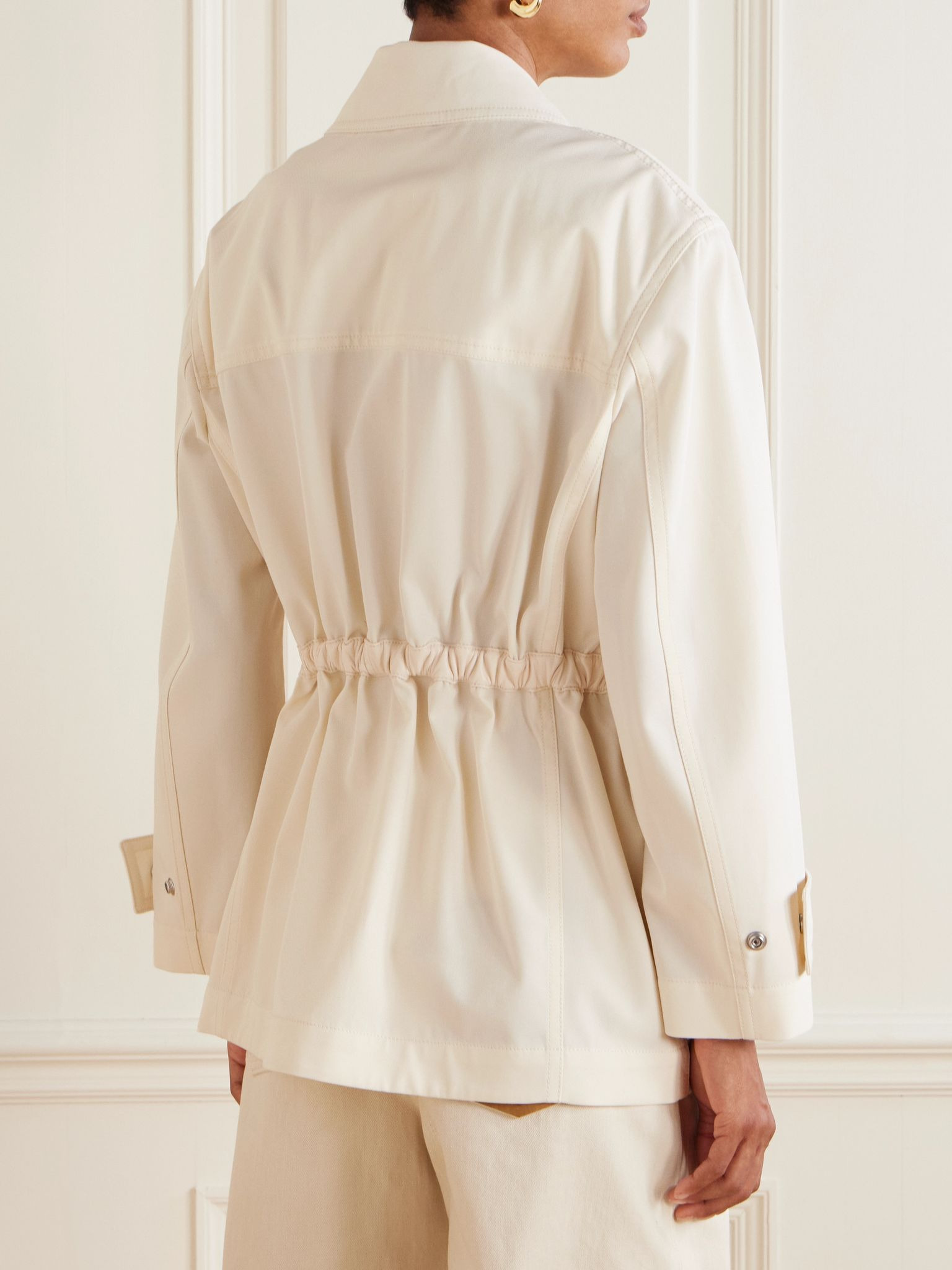 Leather-trimmed cotton-twill jacket Cream - 3