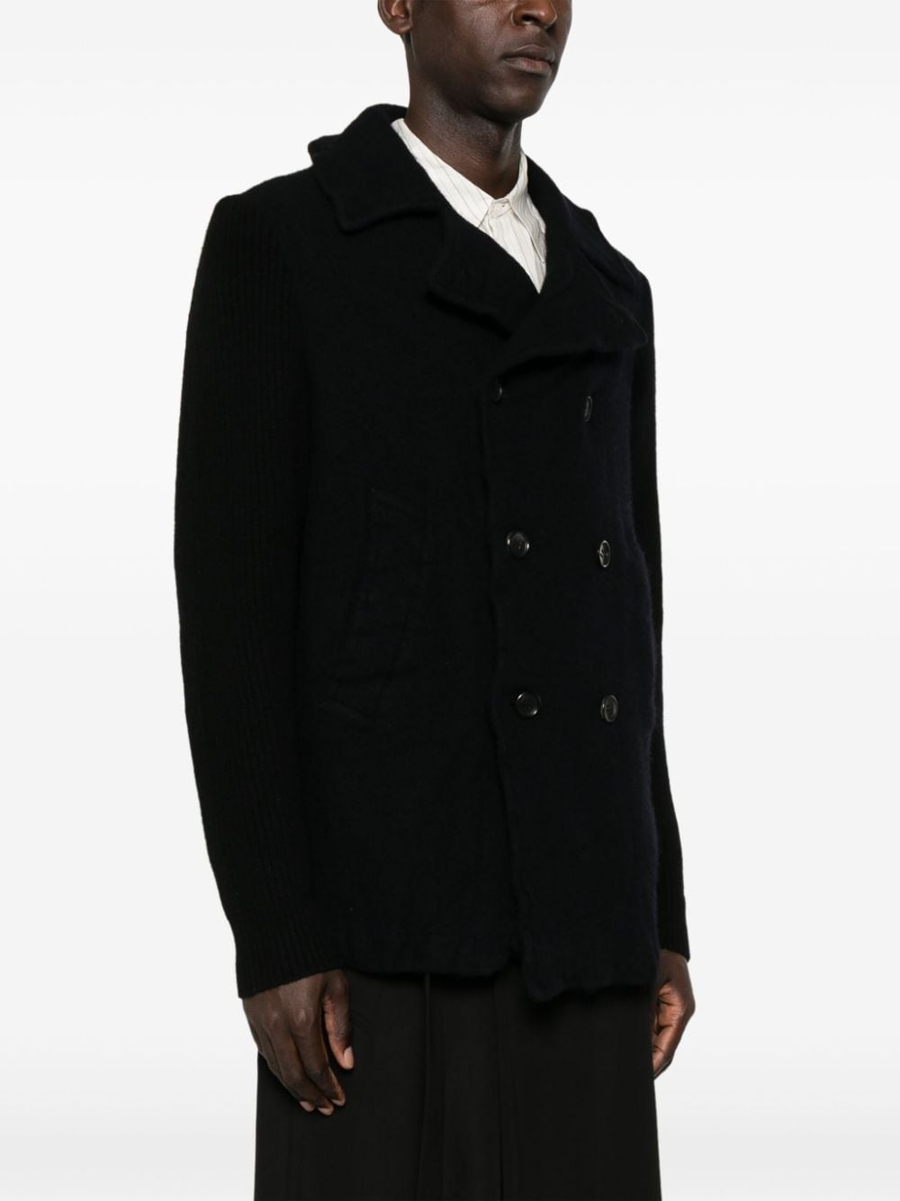 ribbed-sleeve peacoat - 3