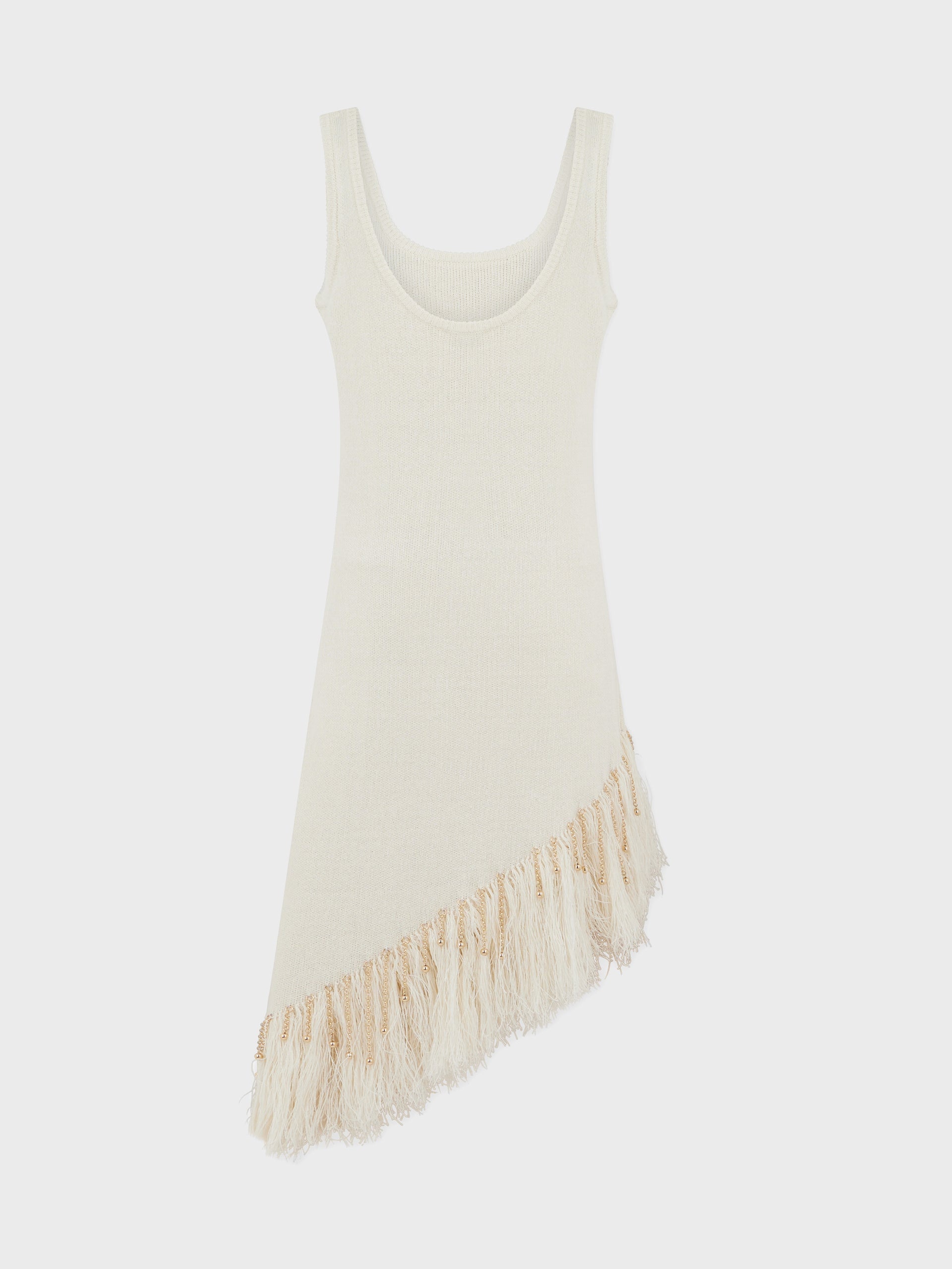 ASYMMETRICAL OFF WHITE WOVEN DRESS WITH KNITTED BEADS AND FEATHERS - 6