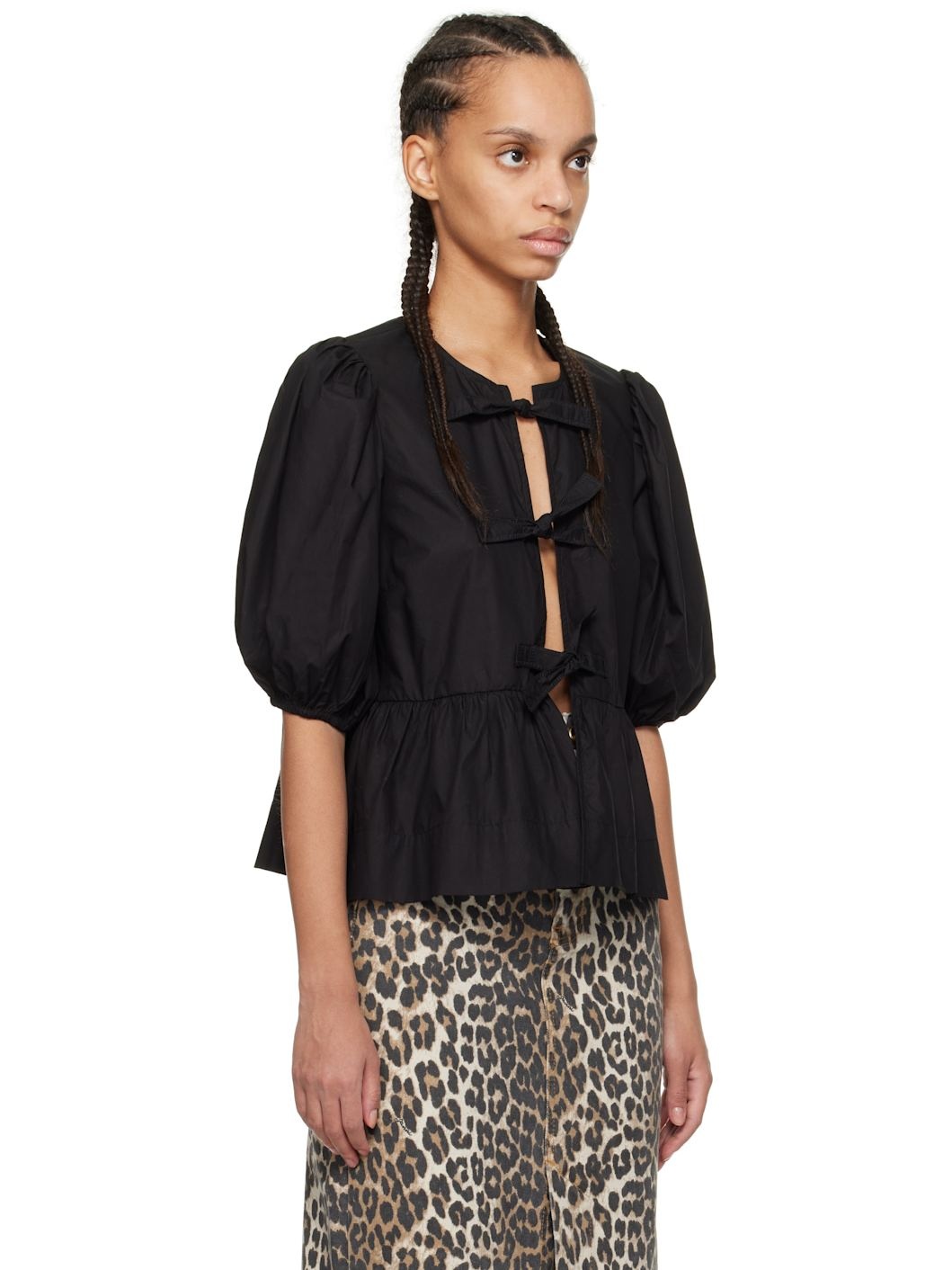 Black Cotton Poplin Peplum Tie Blouse - 2