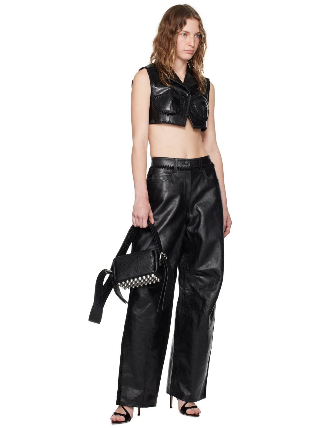 Black Low-Rise Leather Pants - 4