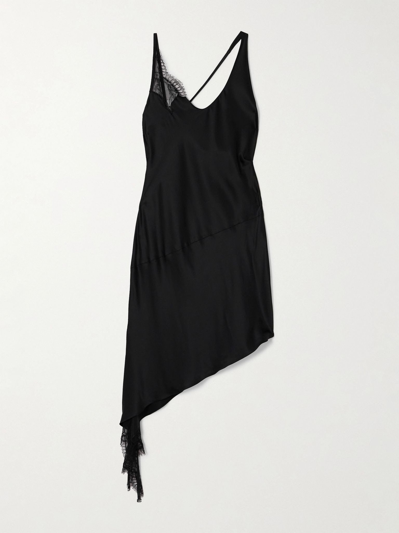 Asymmetrical lace-trimmed satin mini dress Black - 1