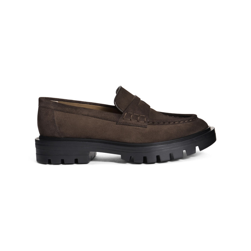 Women’s dark brown suede penny loafer 1