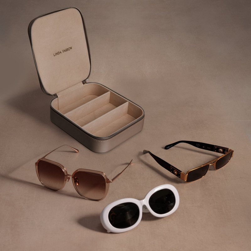 LINDA FARROW SQUARE TRAVEL CASE IN TAUPE 1