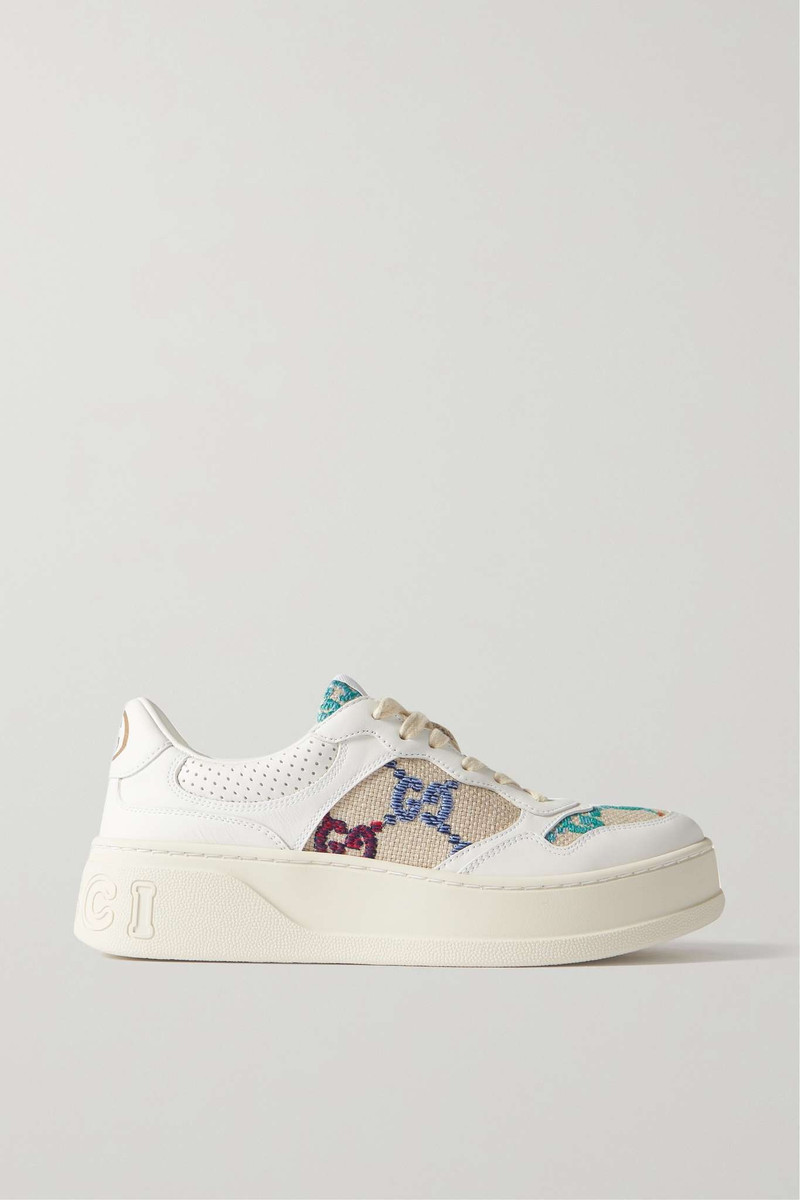 GG logo-detailed leather and embroidered canvas sneakers - 1
