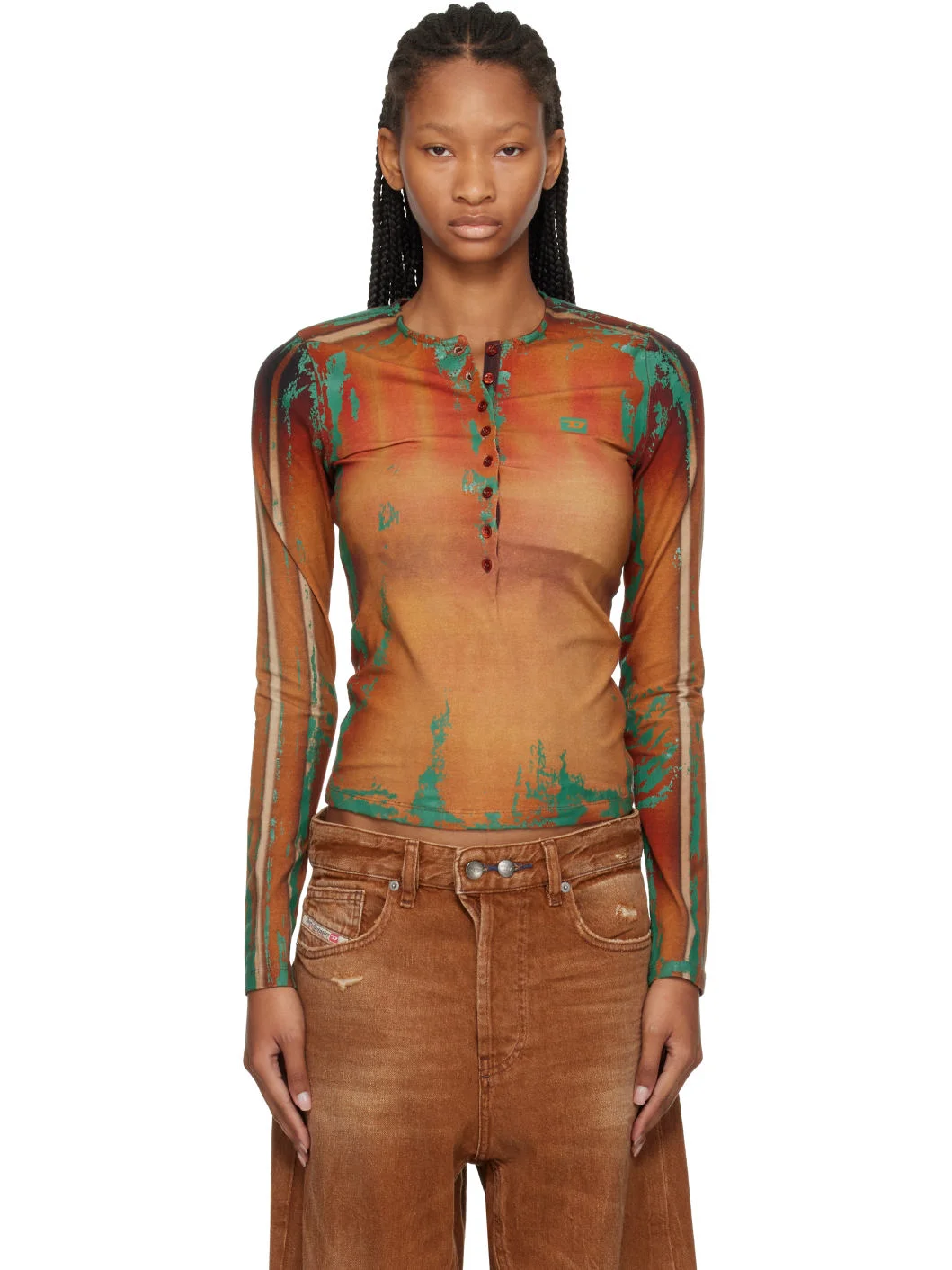 Brown Cracked Leather-Effect Jersey Top - 1