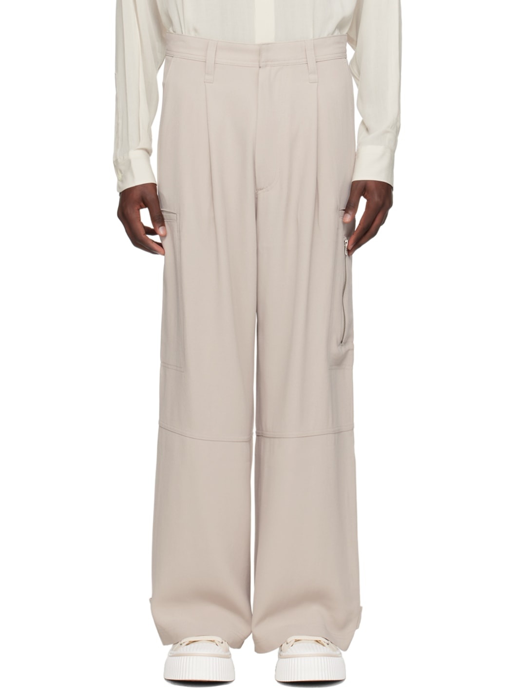 Beige Pleated Cargo Pants - 1