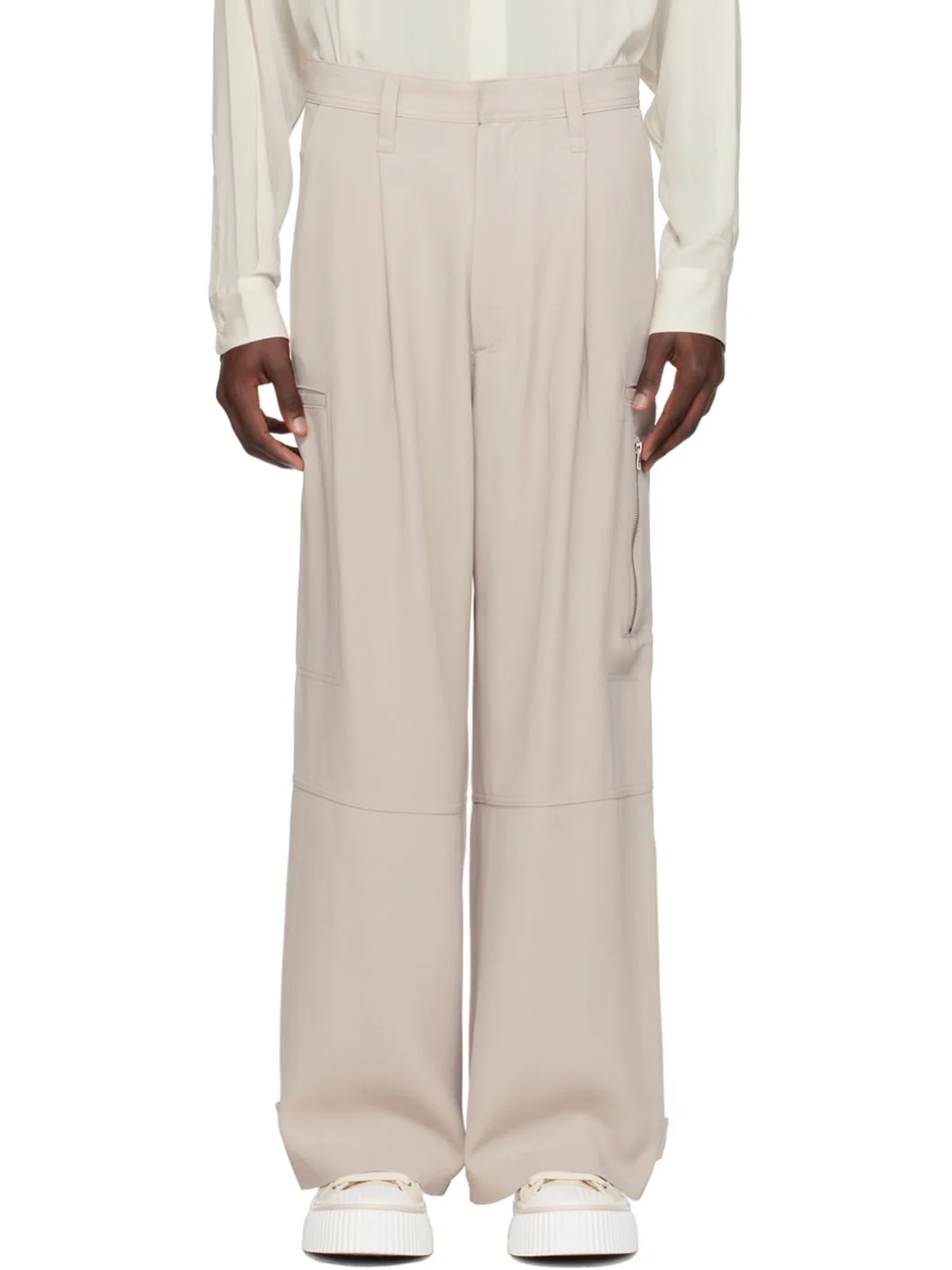 Beige Pleated Cargo Pants - 1