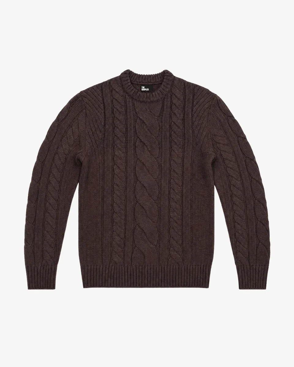 BROWN WOOL CABLE-KNIT CREW-NECK SWEATER - 1