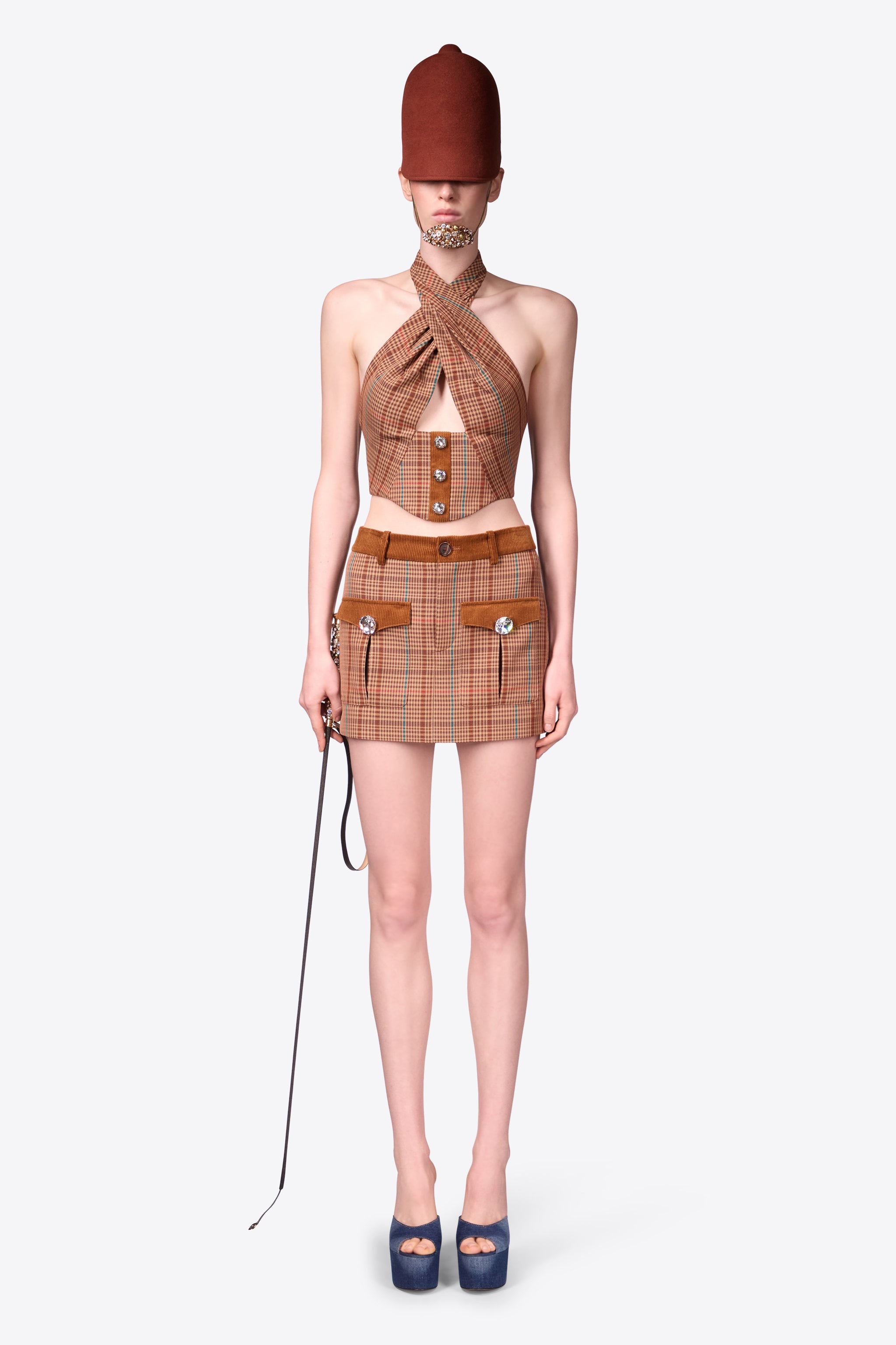 CRYSTAL BUTTON CHECKED MINI SKIRT - 3