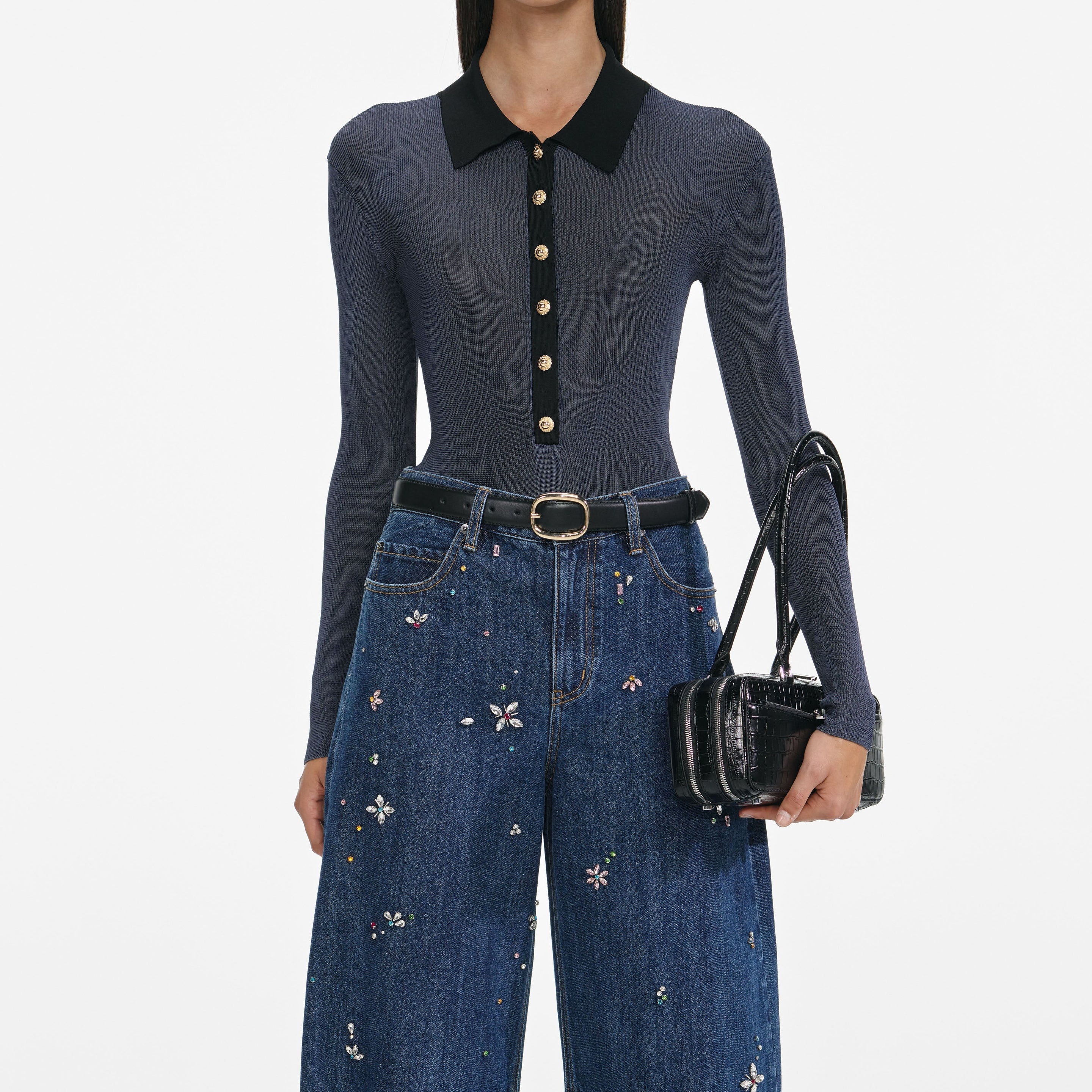 Blue Embellished Barrel Leg Jeans - 4