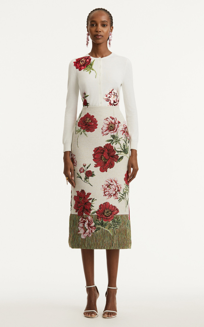Oscar de la Renta Cotton-Blend Jacquard Midi Skirt multi outlook