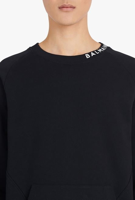 Black cotton sweatshirt with white Balmain logo print neckline - 6