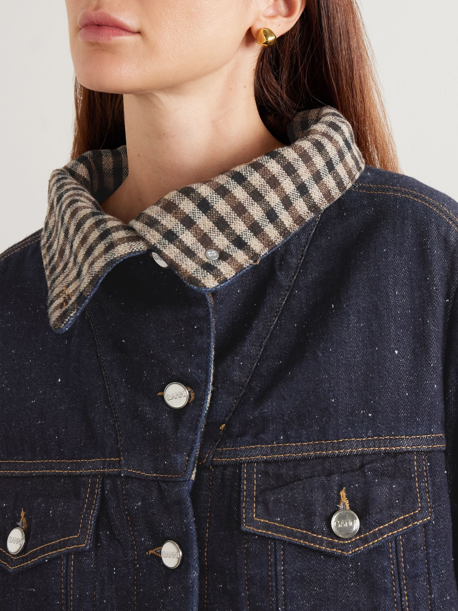 Neppy checked tweed-trimmed organic denim jacket Dark denim - 6