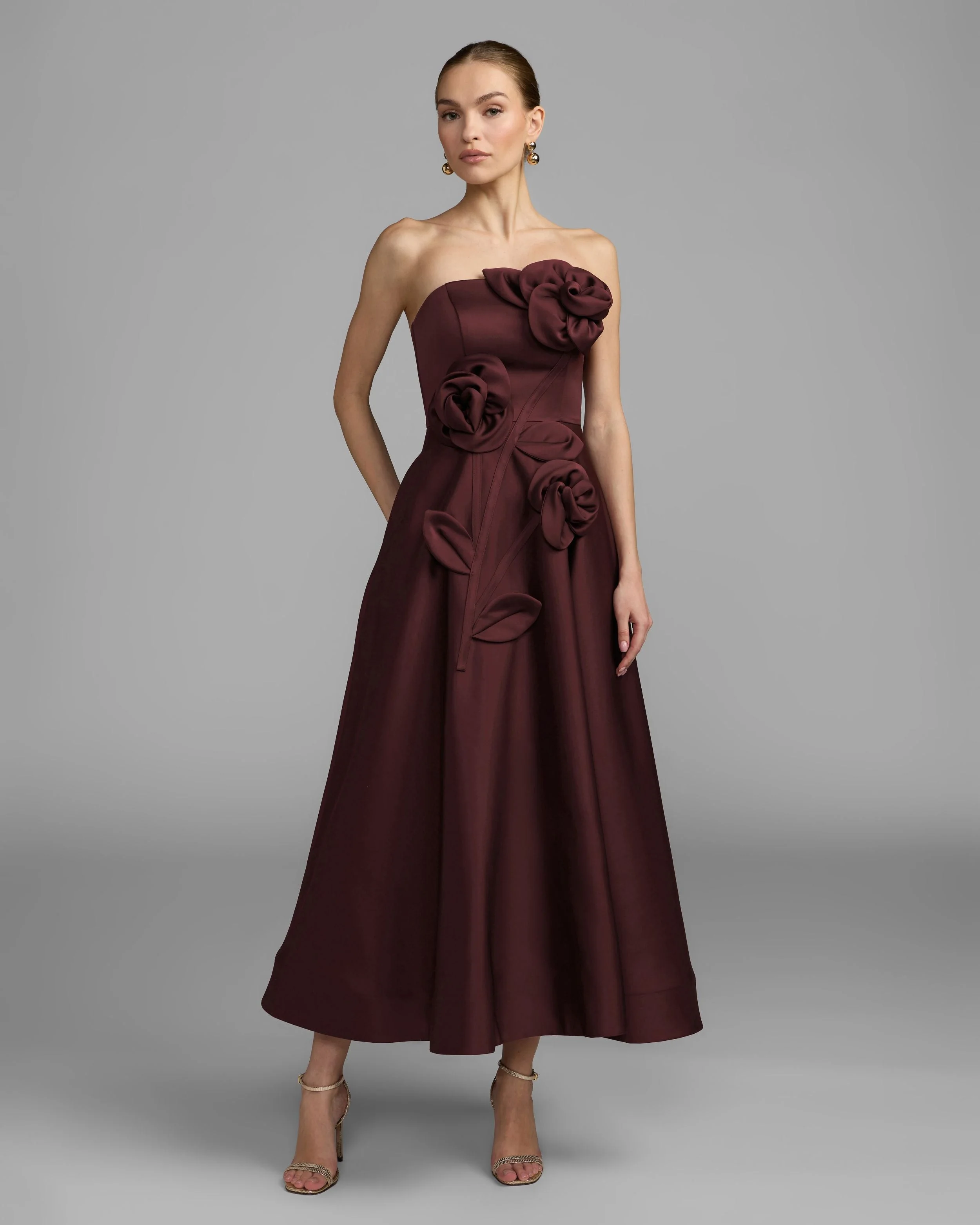 Burgundy Strapless Satin A-Line Dress With 3D Flowers - 1