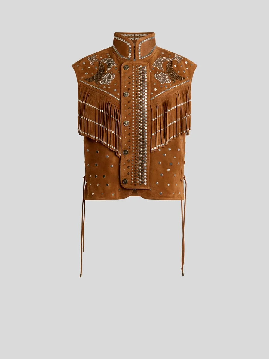 LEATHER WAISTCOAT WITH STUDS AND FRINGING - 1