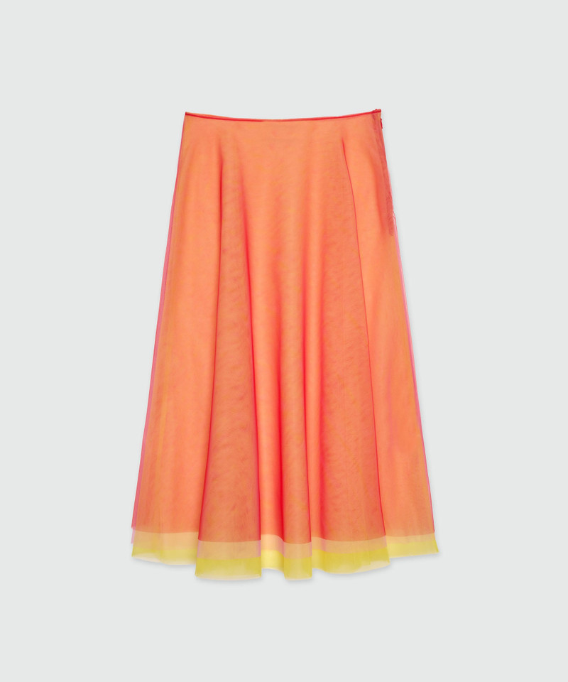 Red midi skirt in light multicolored tulle overlay 1