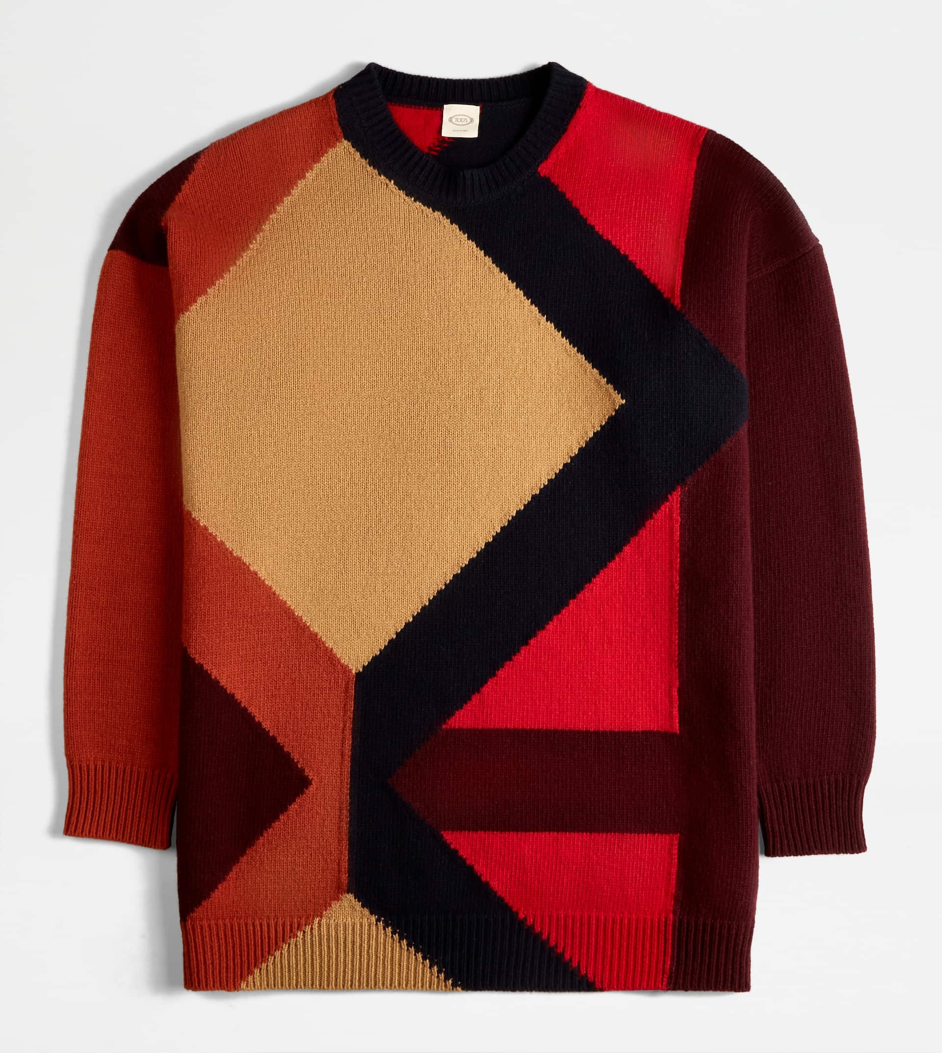 ROUND-NECK PULLOVER IN WOOL - RED, GREY - 1