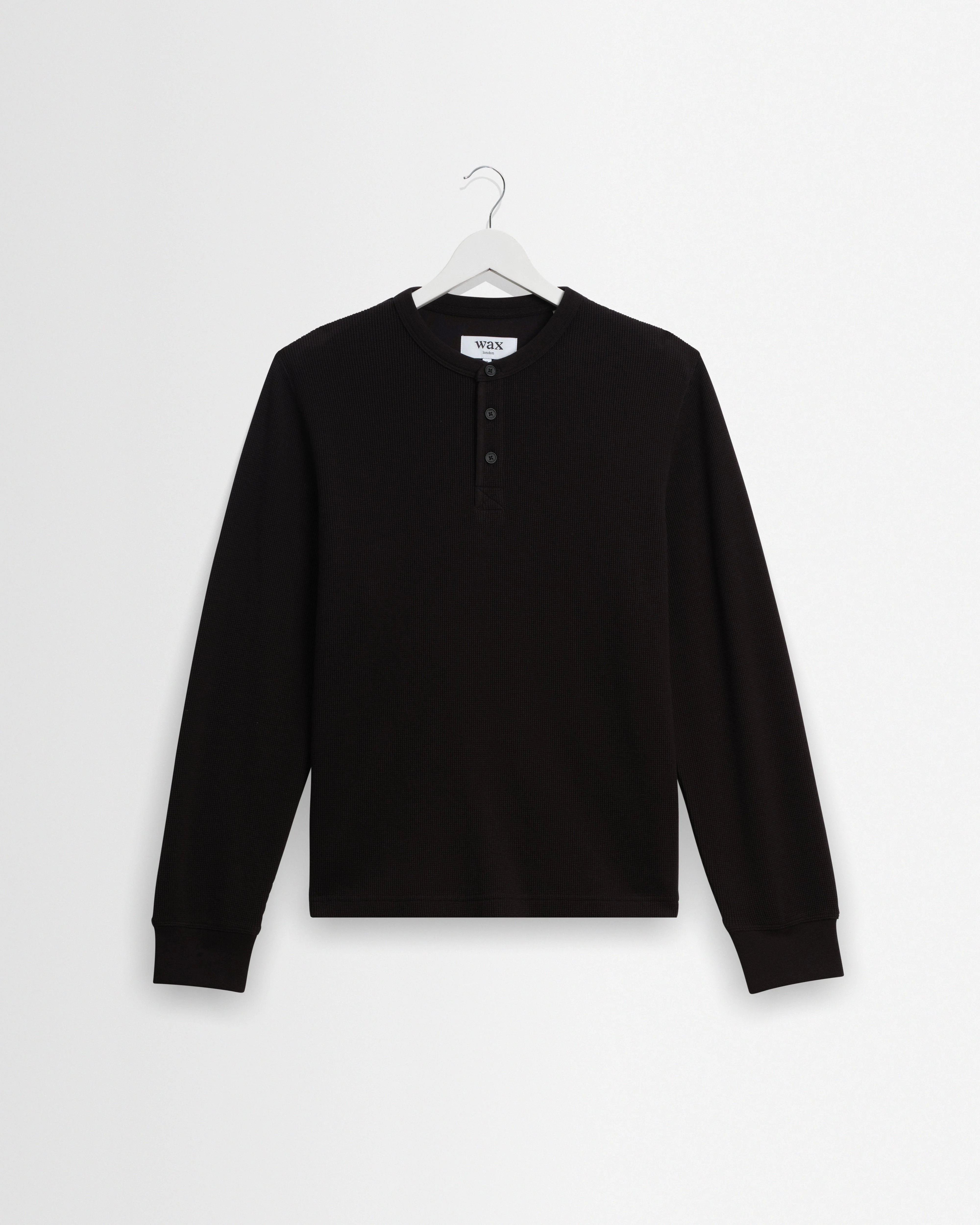 Halton - Black Waffle Long-Sleeve Henley T-Shirt - 1