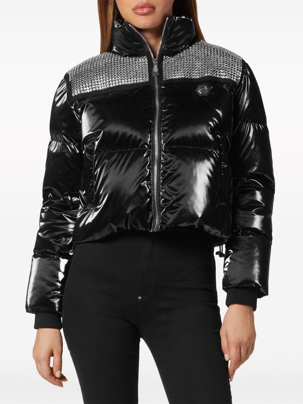 crystal-embellished cropped puffer jacket - 3