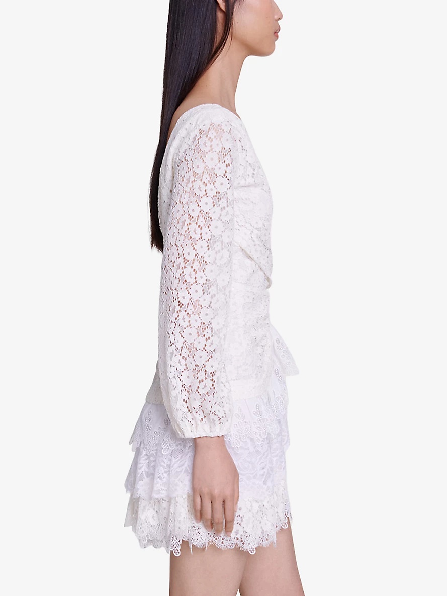 Lace-embroidered long-sleeve draped woven mini dress - 3