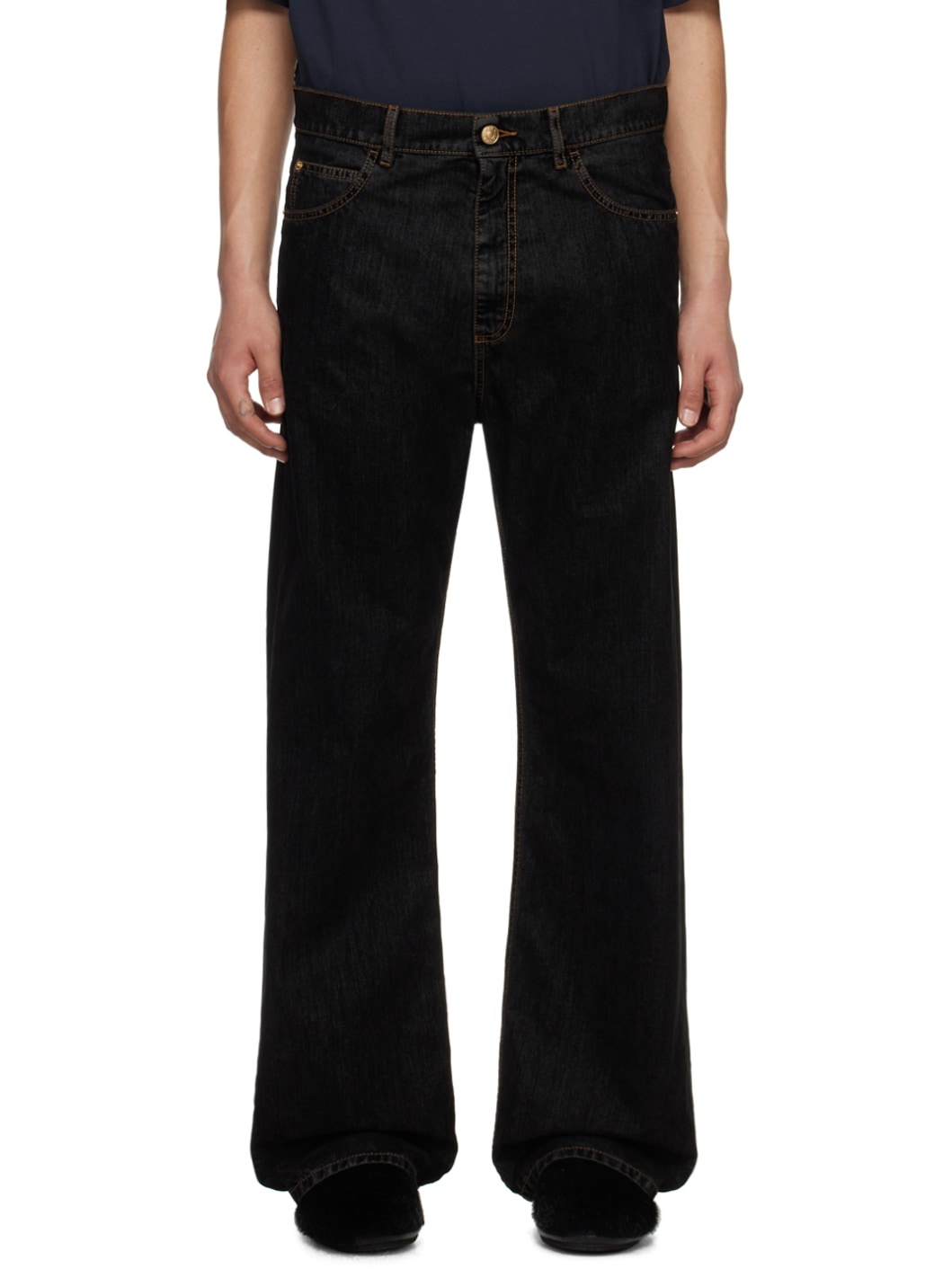 Black Flocked Denim Jeans - 1