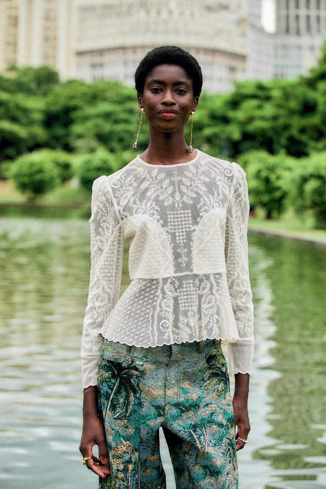 Embroidered Tulle Long Sleeve Blouse - 1