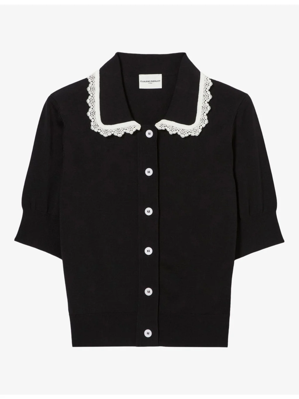 Collared Short-Sleeve Knitted Cardigan - 1
