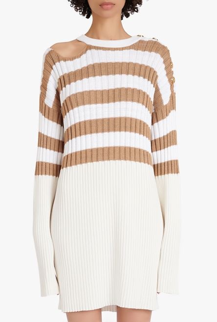 Ecru and sand-colored striped eco-designed wool dress - 5