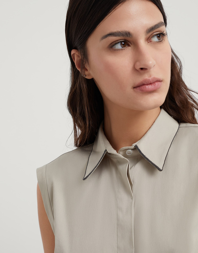 Stretch cotton poplin sleeveless shirt with shiny trim 3
