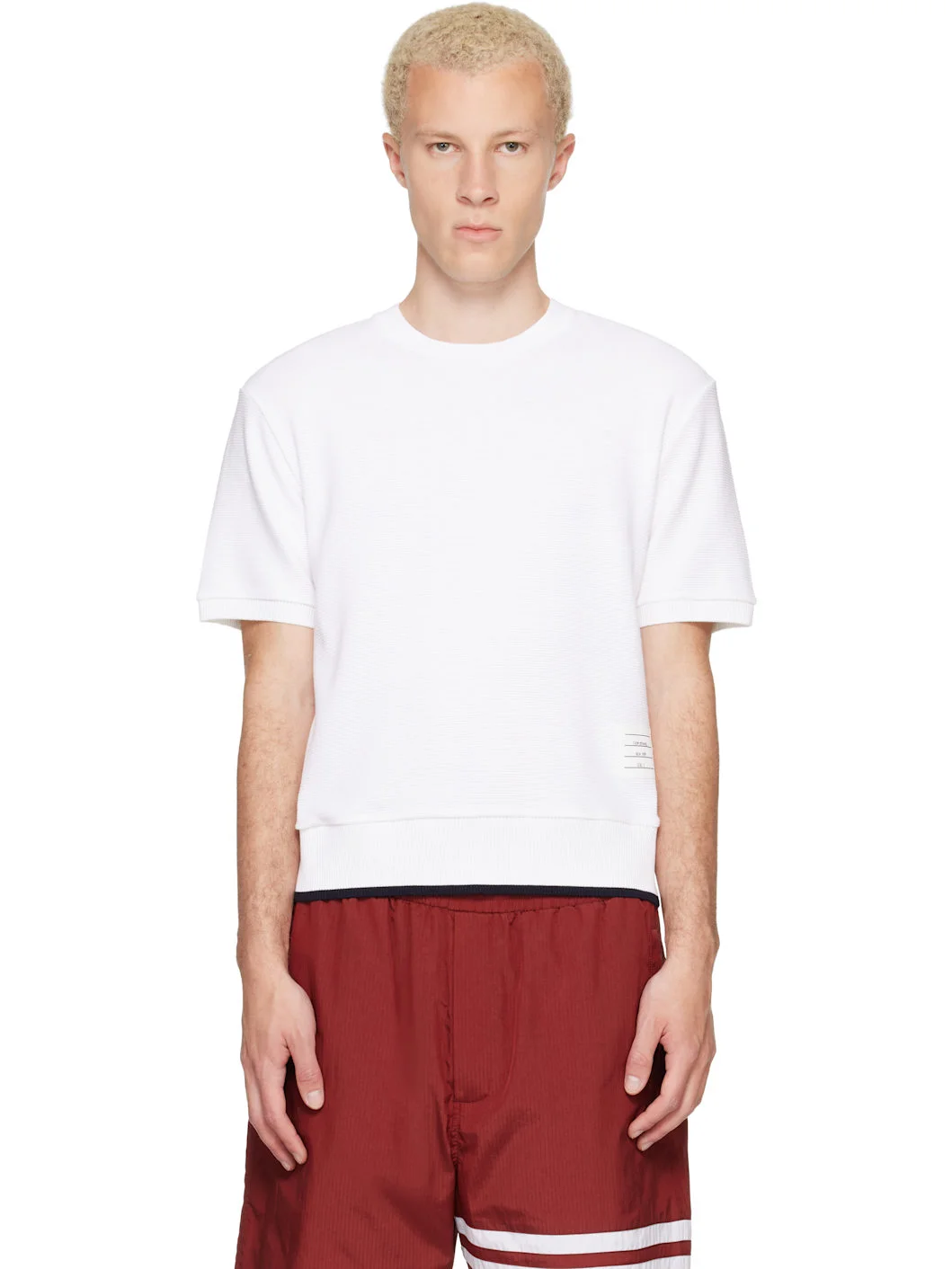 White Short Sleeve Rib Cuff Cotton Waffle T-shirt - 1