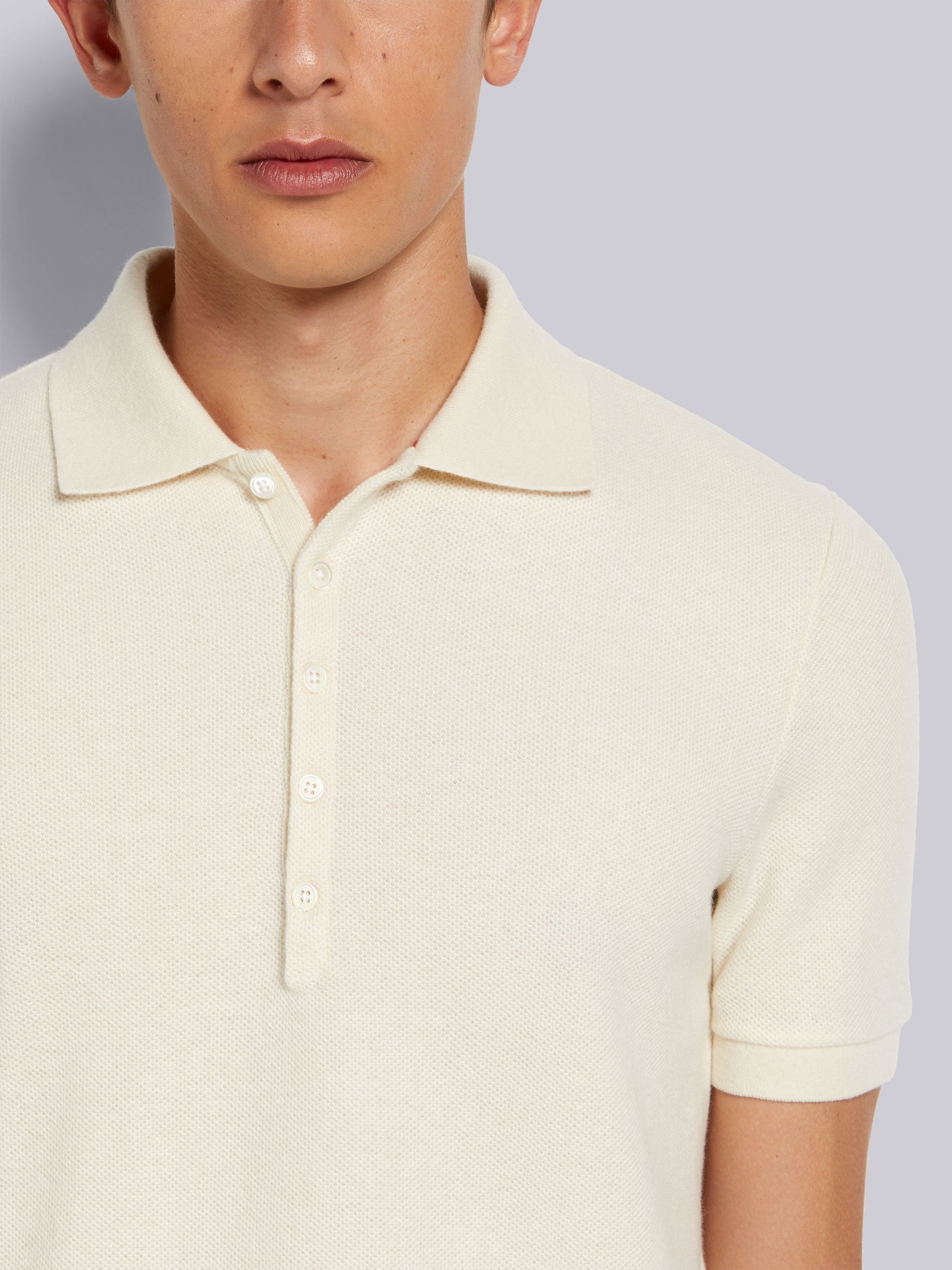 White Cashmere Pique Short Sleeve Rib Cuff Polo - 5