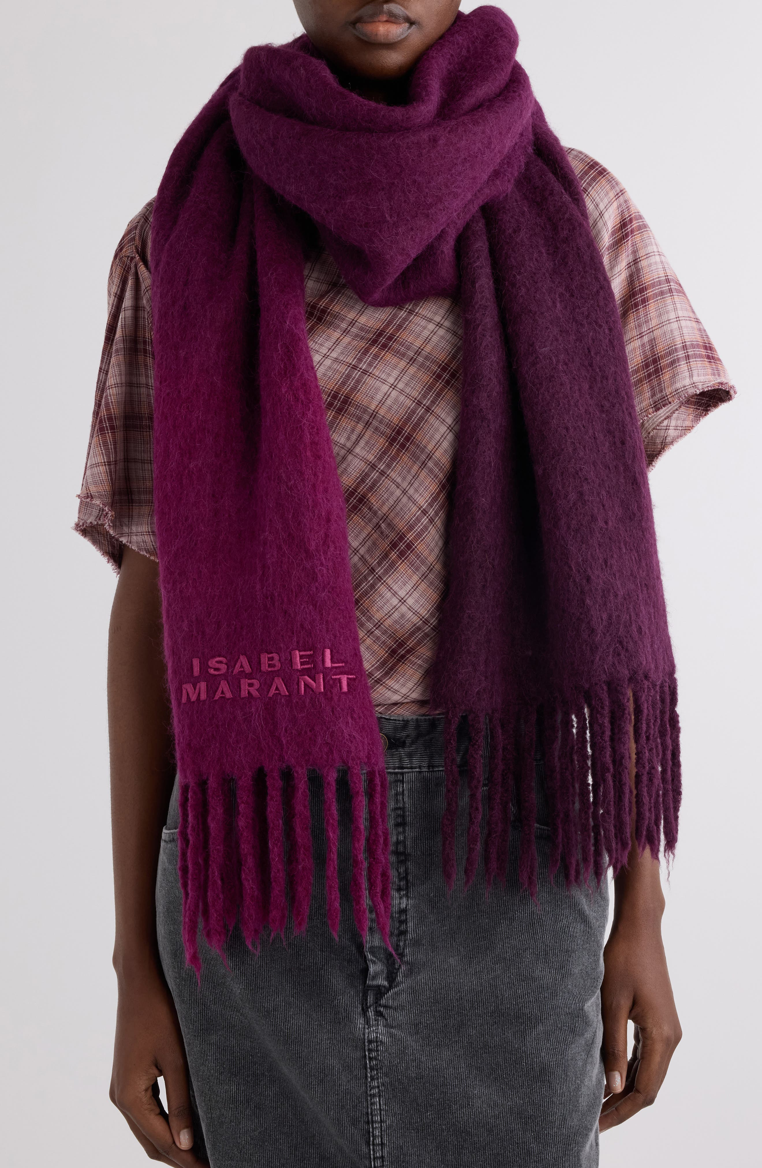 Isabel Marant Firna Logo Embroidered Fringe Scarf in Plum at Nordstrom - 2