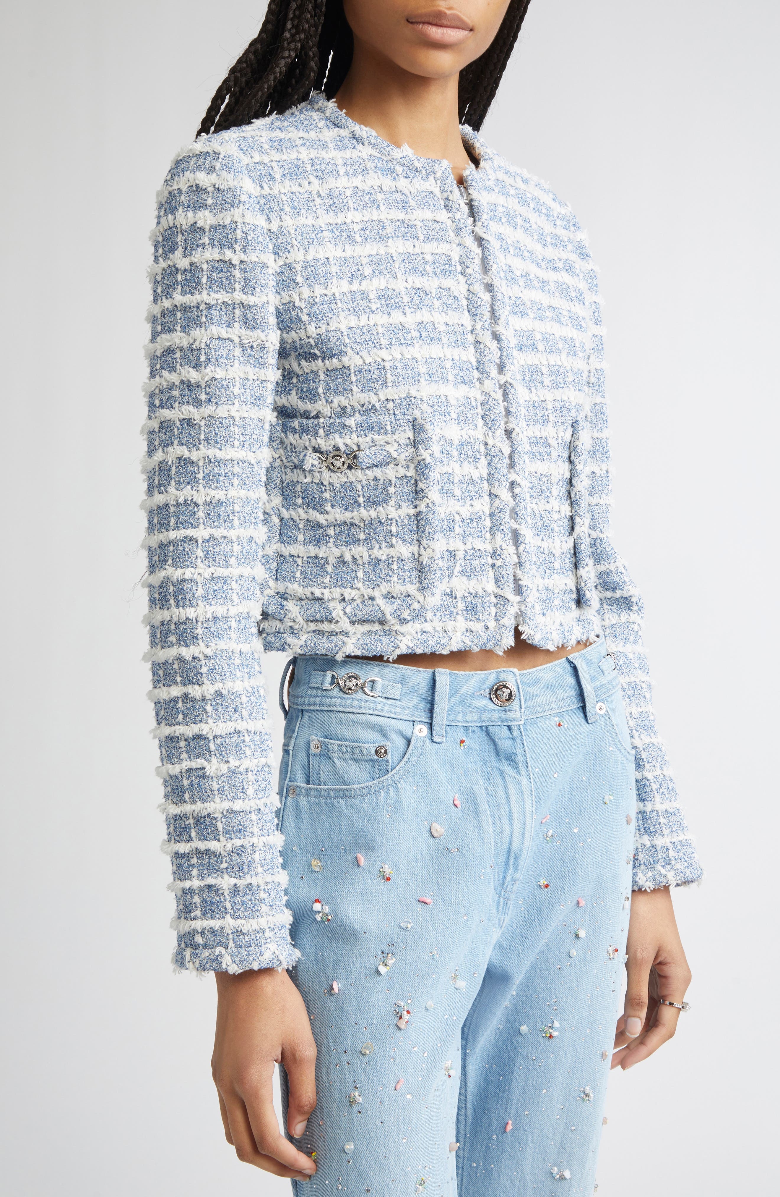 Versace Medusa '95 Windowpane Tweed Crop Jacket in Light Indigo at Nordstrom - 5