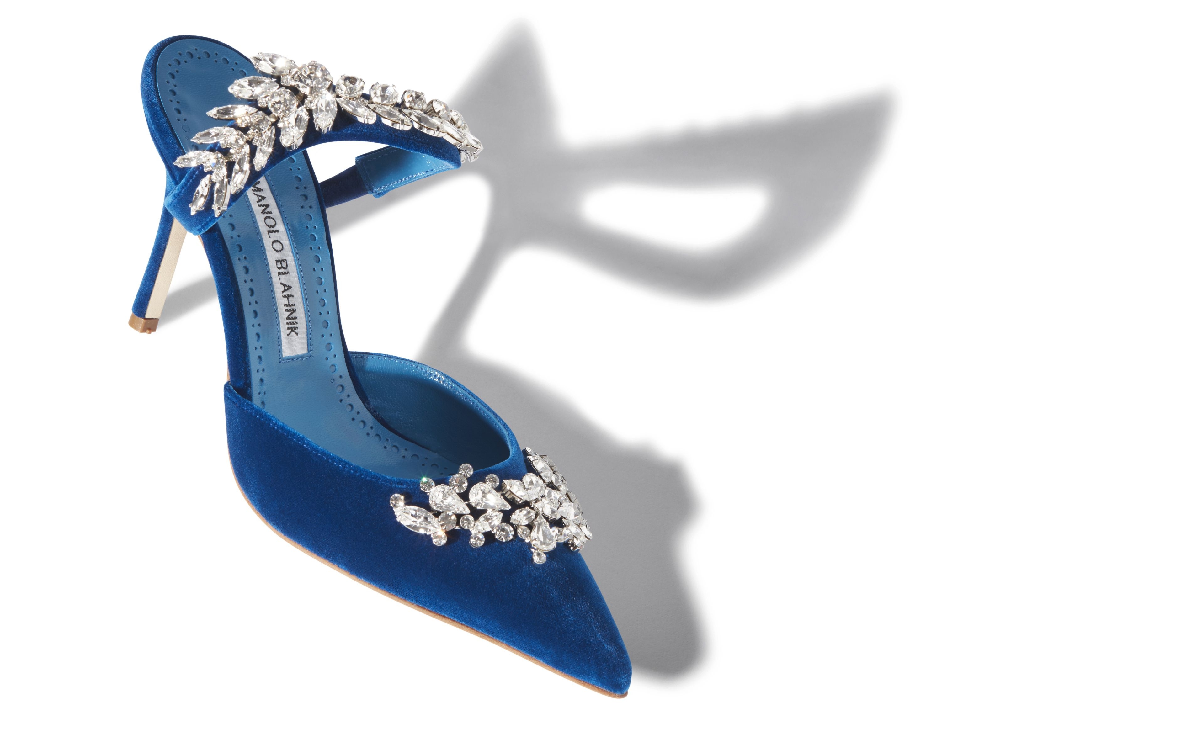 Bright Blue Velvet Crystal Embellished Mules - 2