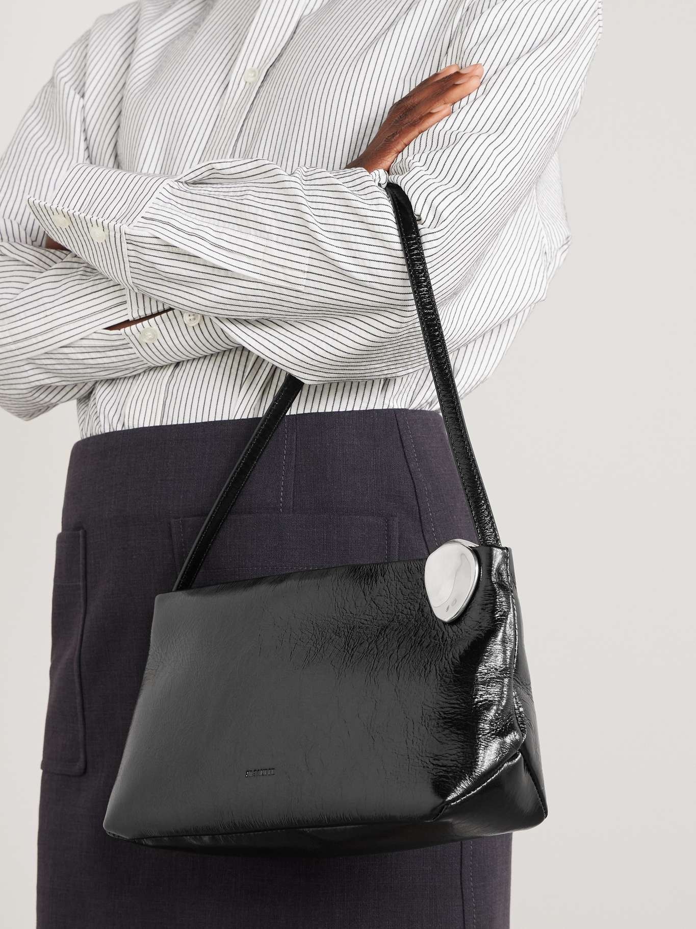 Embellished cracked-leather shoulder bag Black - 2