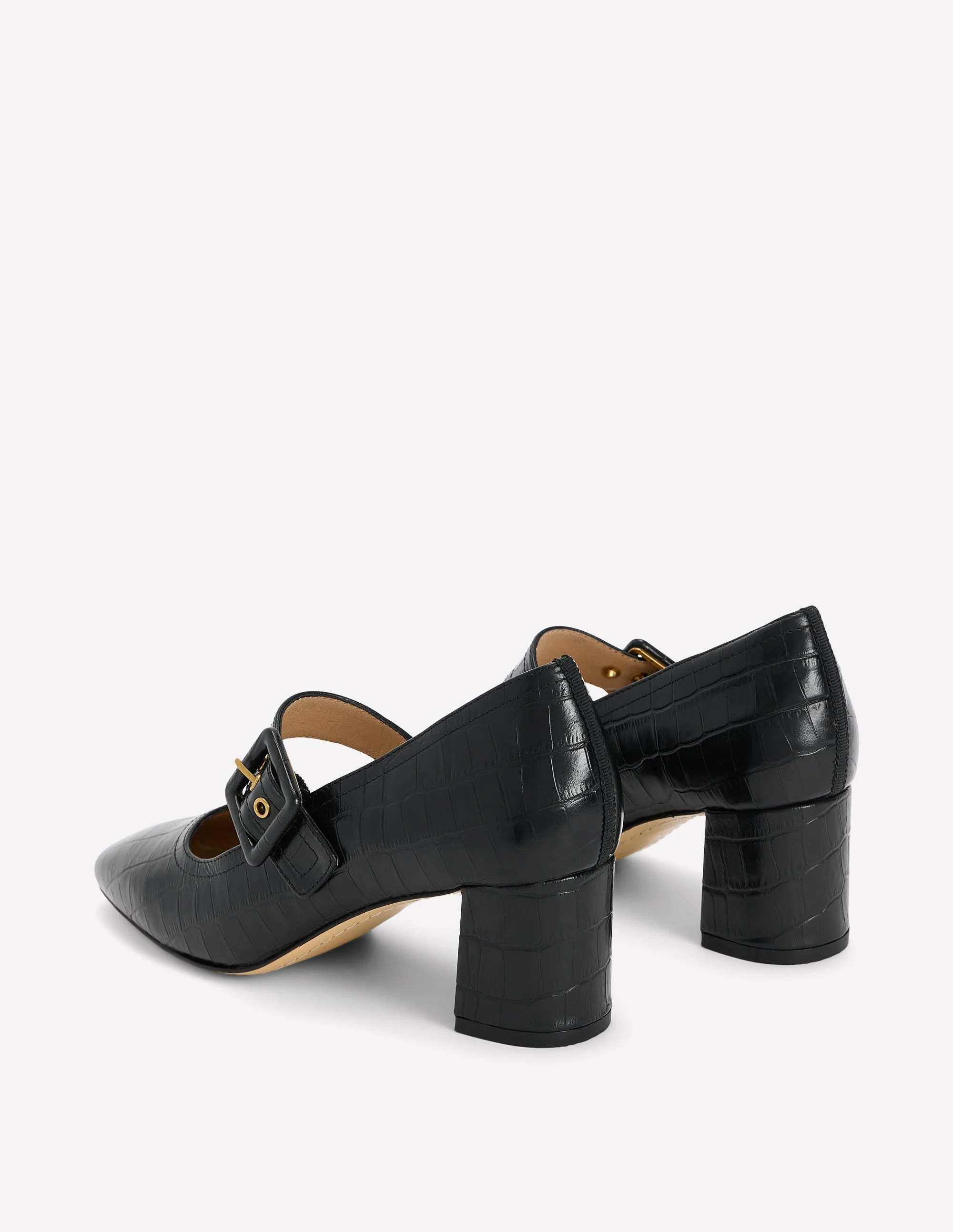 Buckle Strap Block Heels-Black Croc Embossed - 1