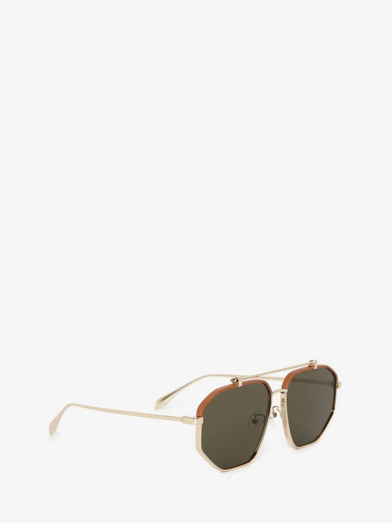 Alexander McQueen Top Piercing Leather Sunglasses in Gold outlook