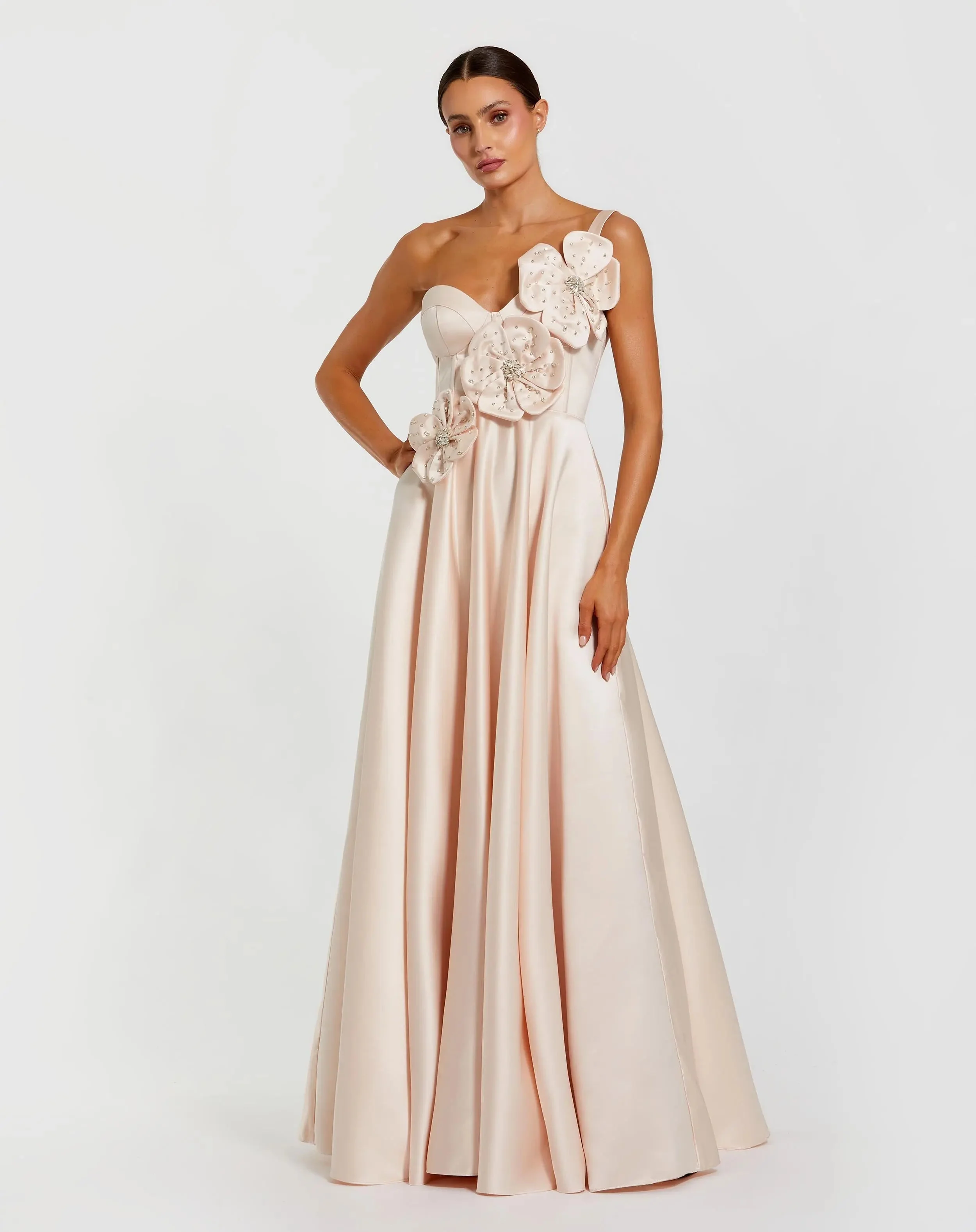 Pink Satin Corset Gown With 3D Flowers - 1