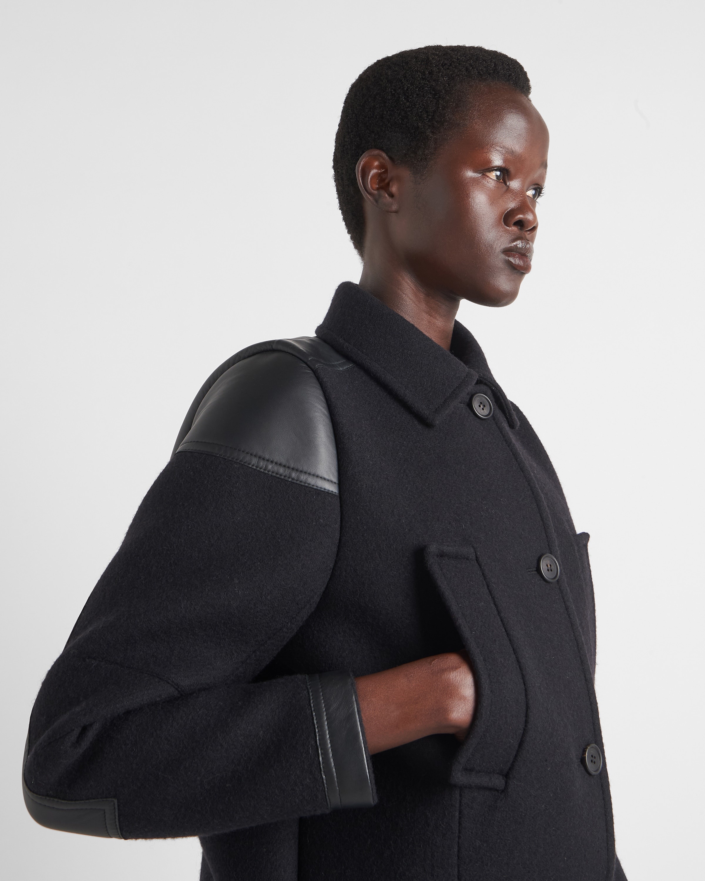 Single-breasted cloth and leather coat - 3