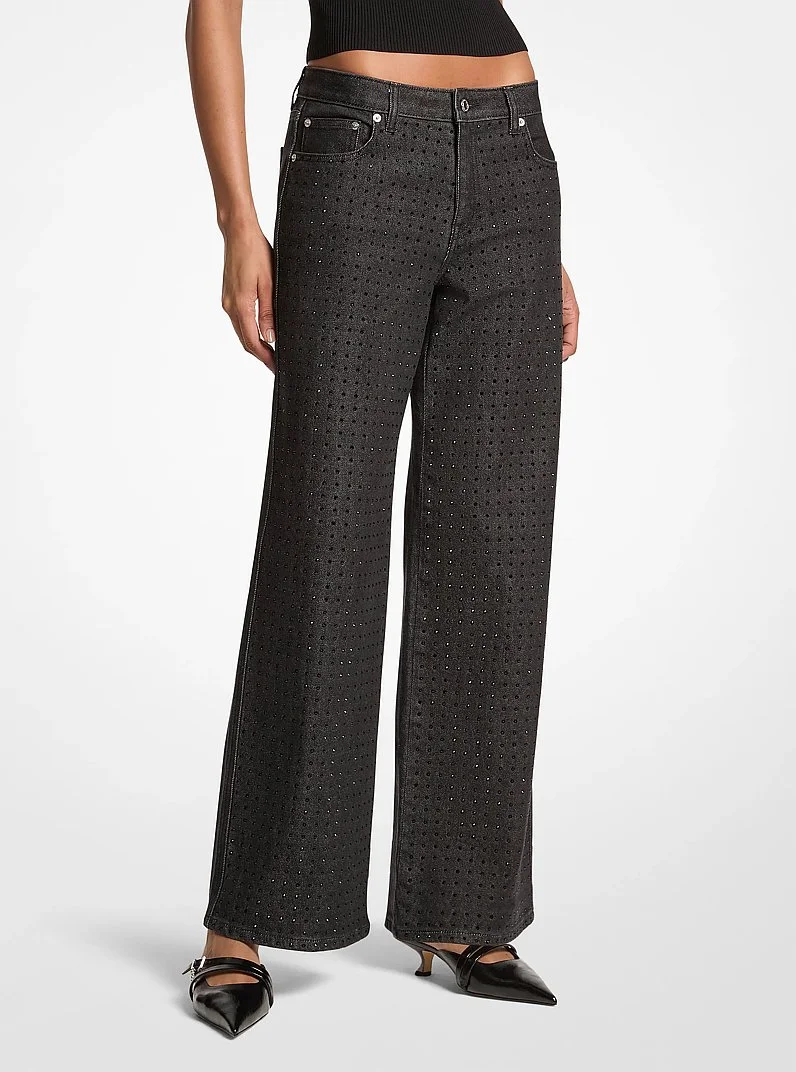 Studded Stretch Denim Wide-Leg Jeans - 1