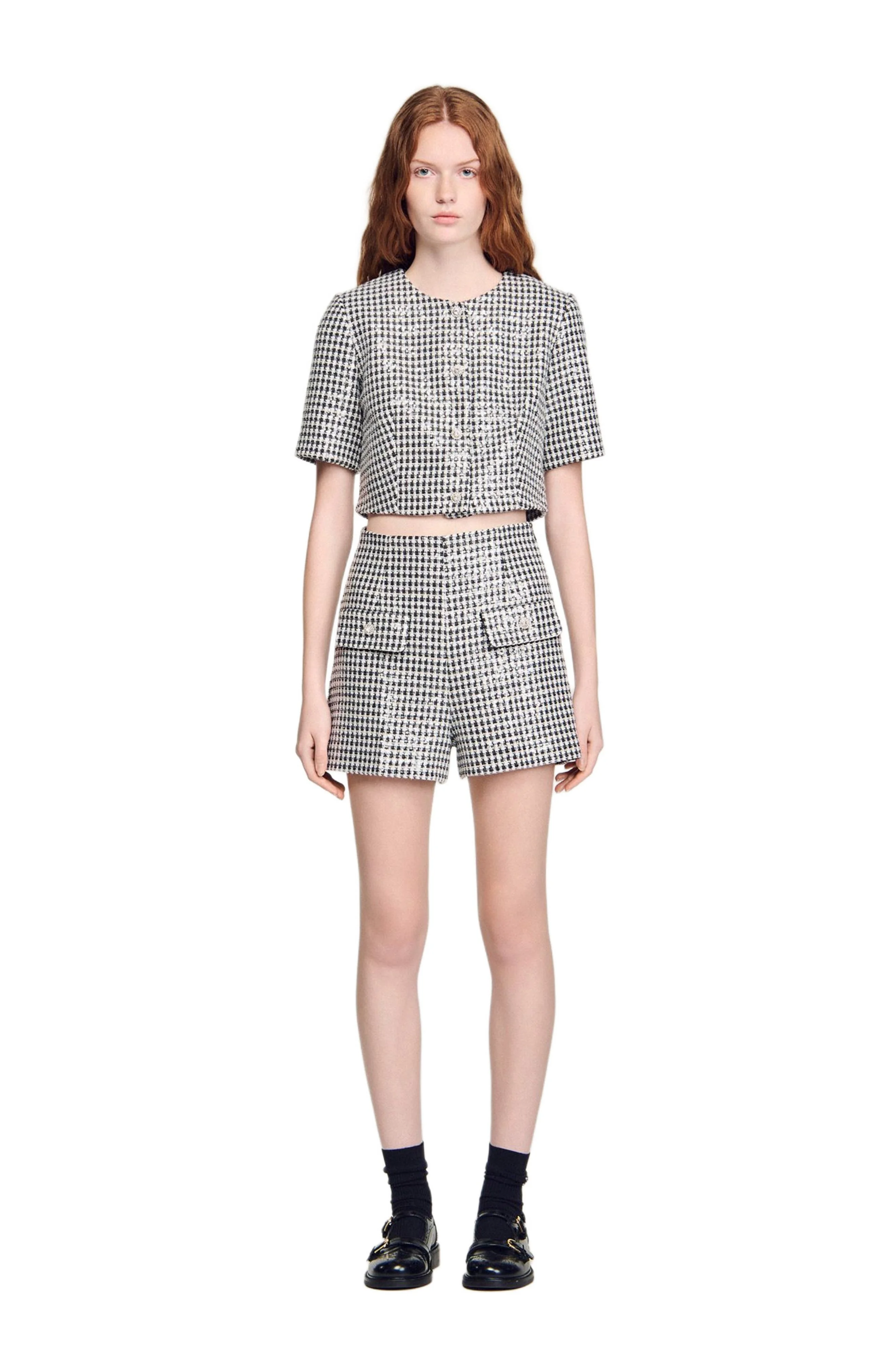SANDRO Sequin houndstooth tweed shorts in Black /White at Nordstrom - 1