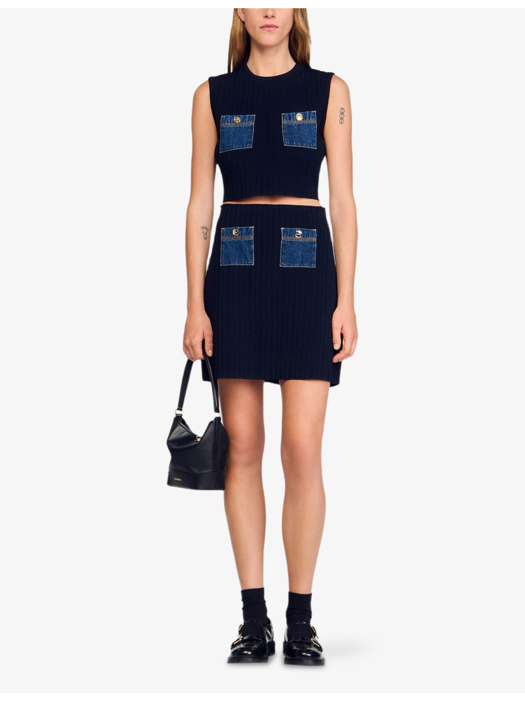 Denim-Pockets Sleeveless Knitted Top - 2
