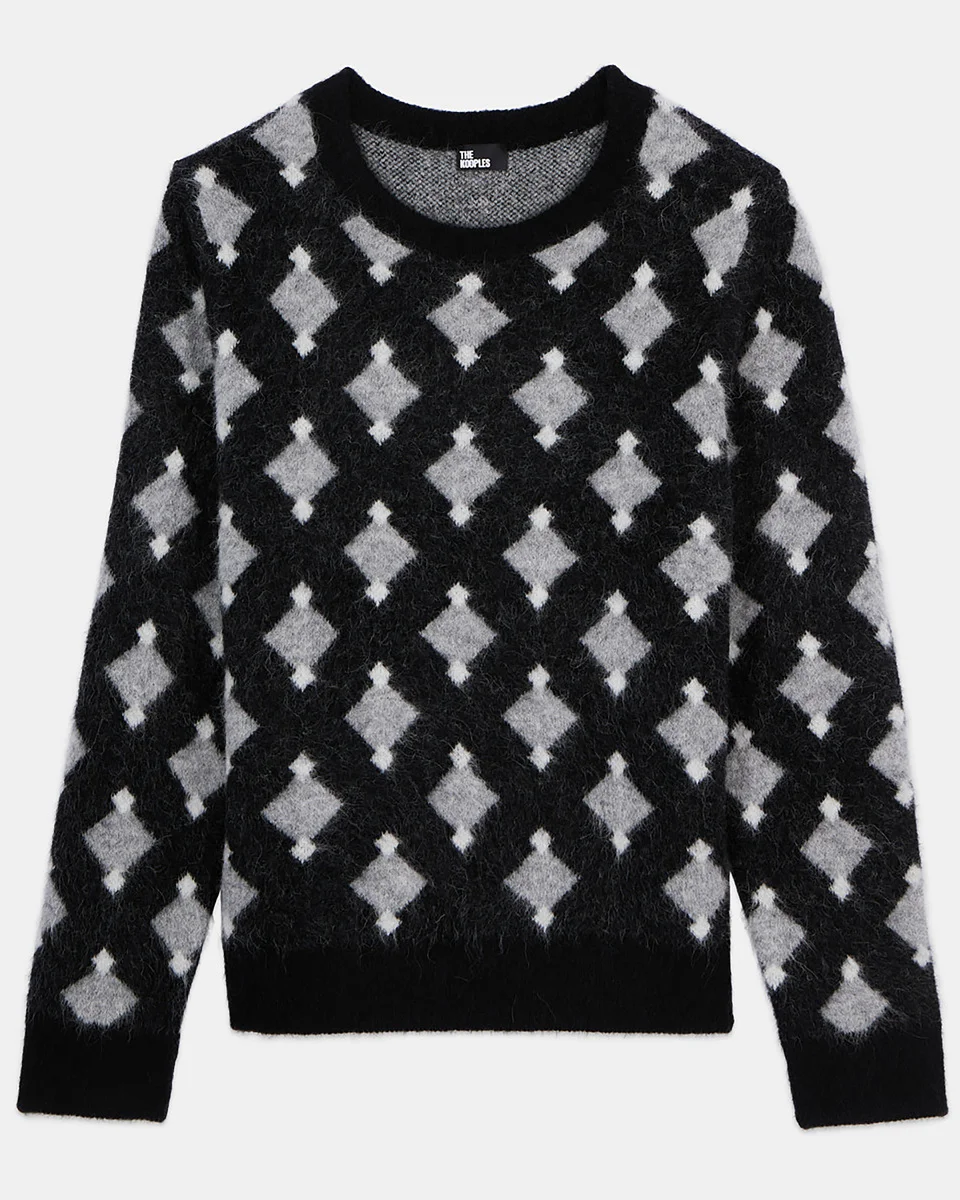BLACK AND GREY WOOL AND ALPACA DIAMOND SWEATER - 1