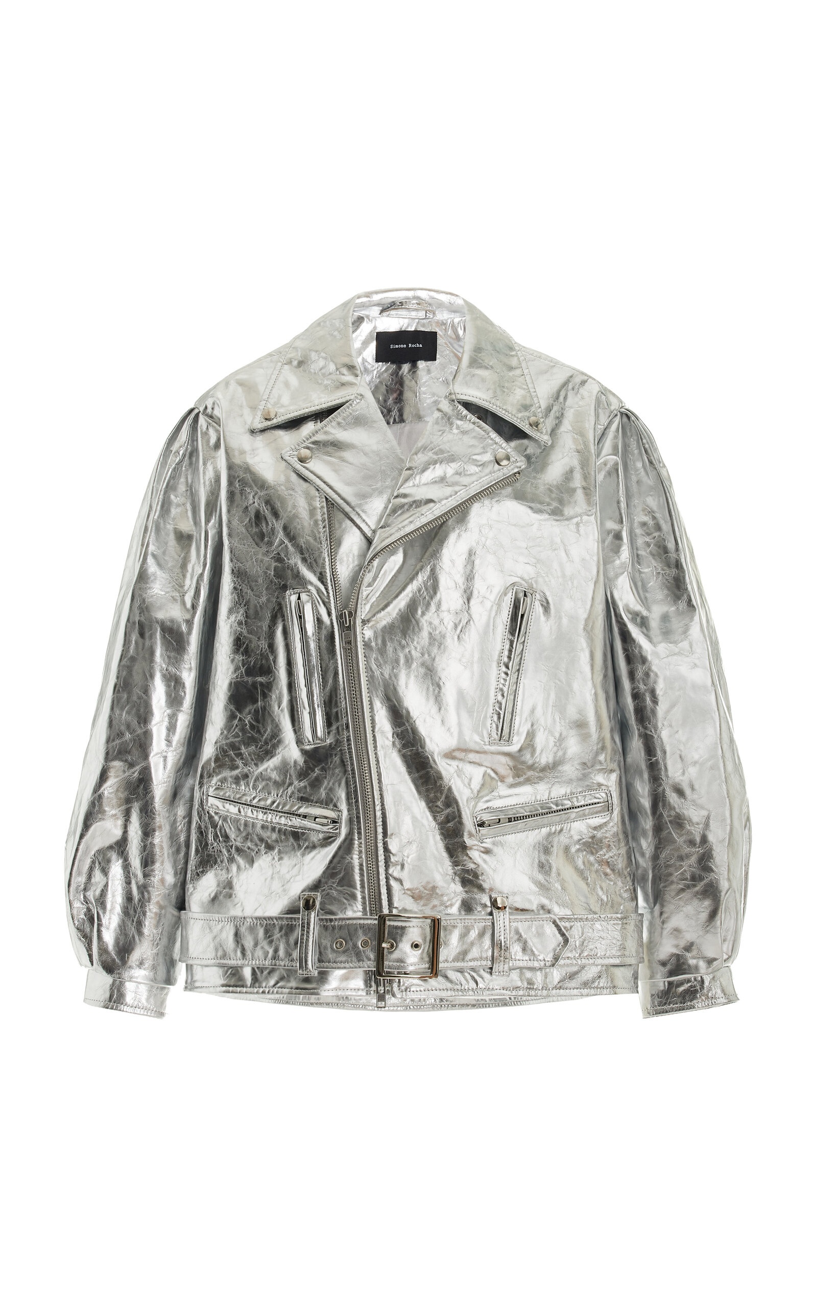 Puff-Sleeve Metallic Leather Biker Jacket silver - 1