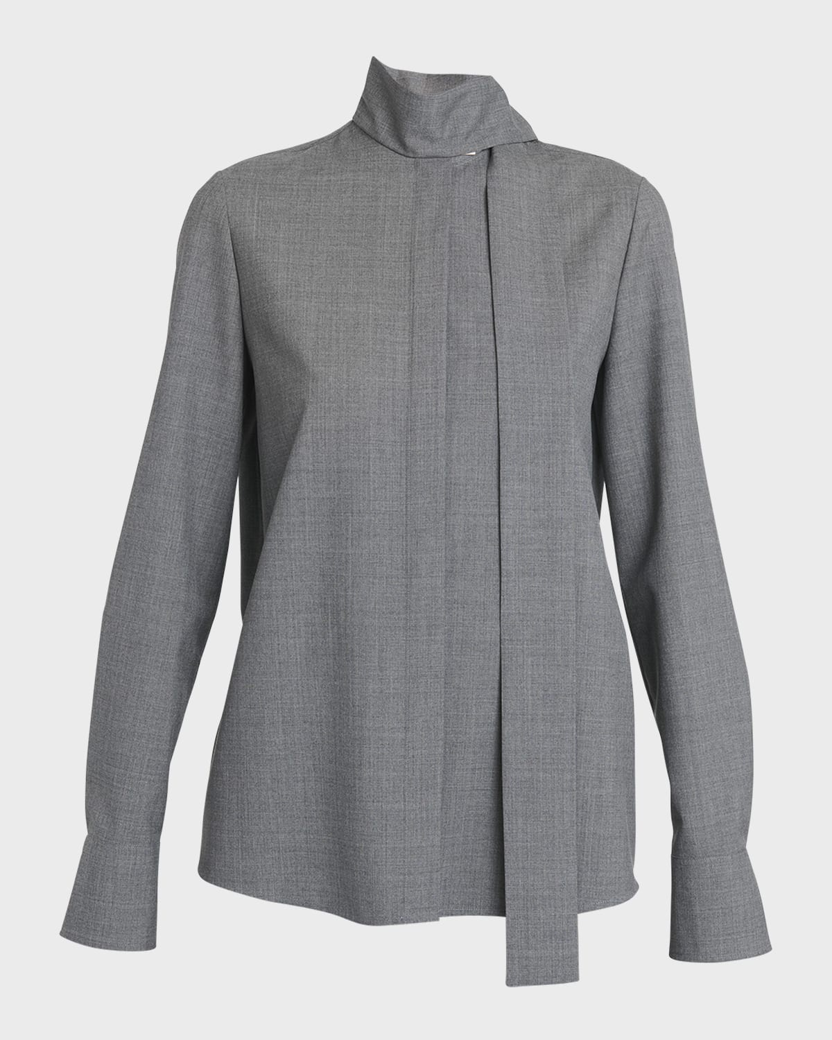 Solid Superfine Wool Blouse with Tie Neckline - 1